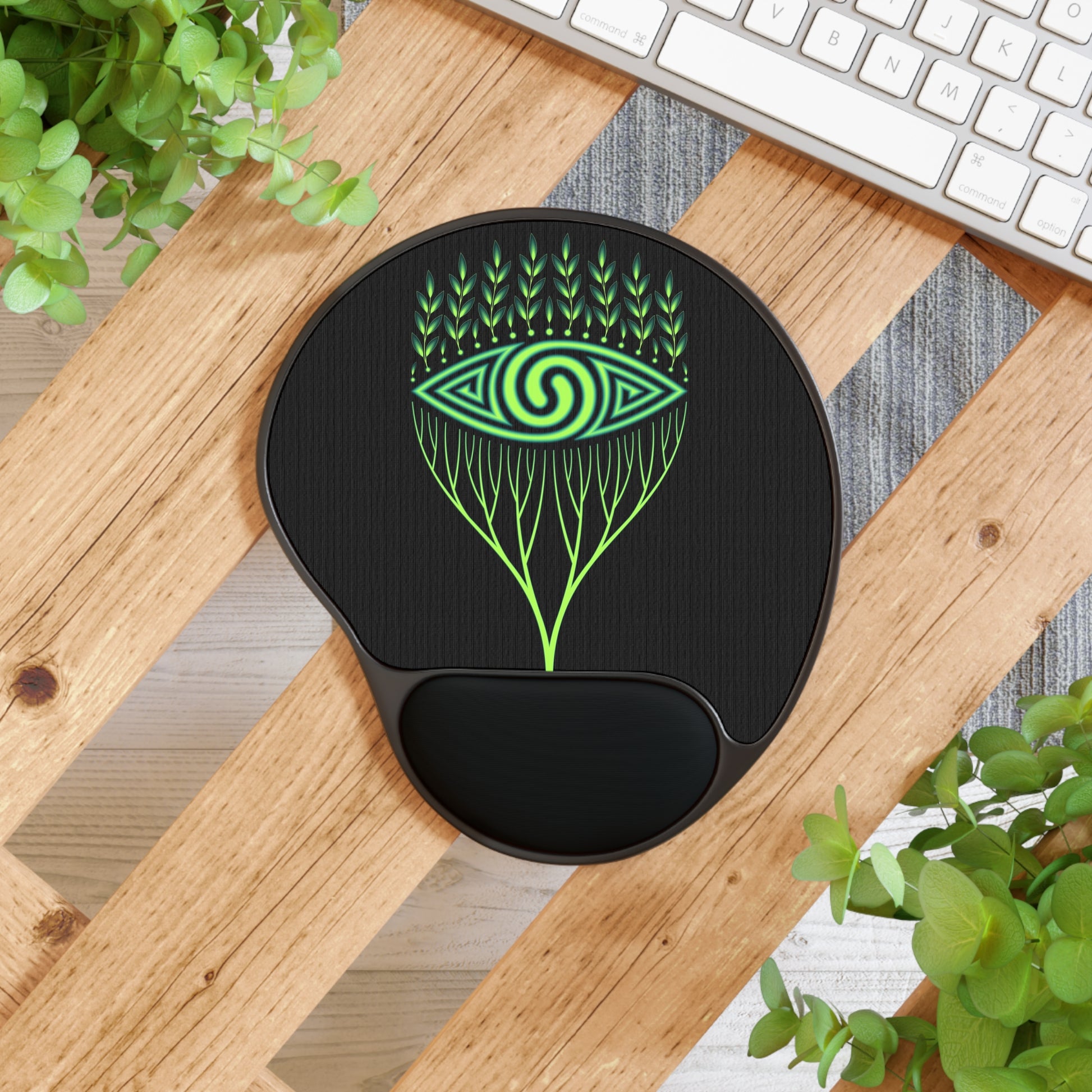 Mystical Eye Mouse Pad With Wrist Rest, Ergonomic Computer Accessories, Gift for Gamers, Home Office Decor, Green Spiral Design
