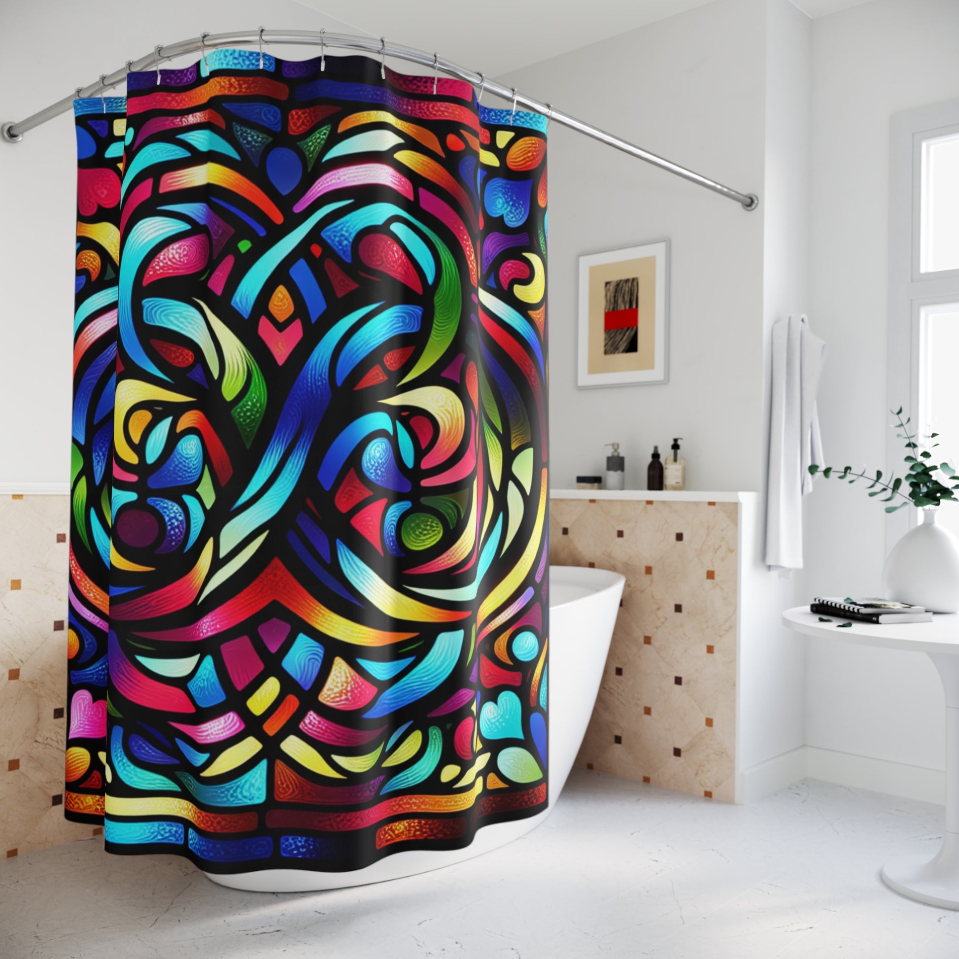 Vibrant Stained Glass Shower Curtain, Colorful Bathroom Decor, Bohemian Home Accessory, Artistic Gift for Housewarming, Unique Holiday [...]