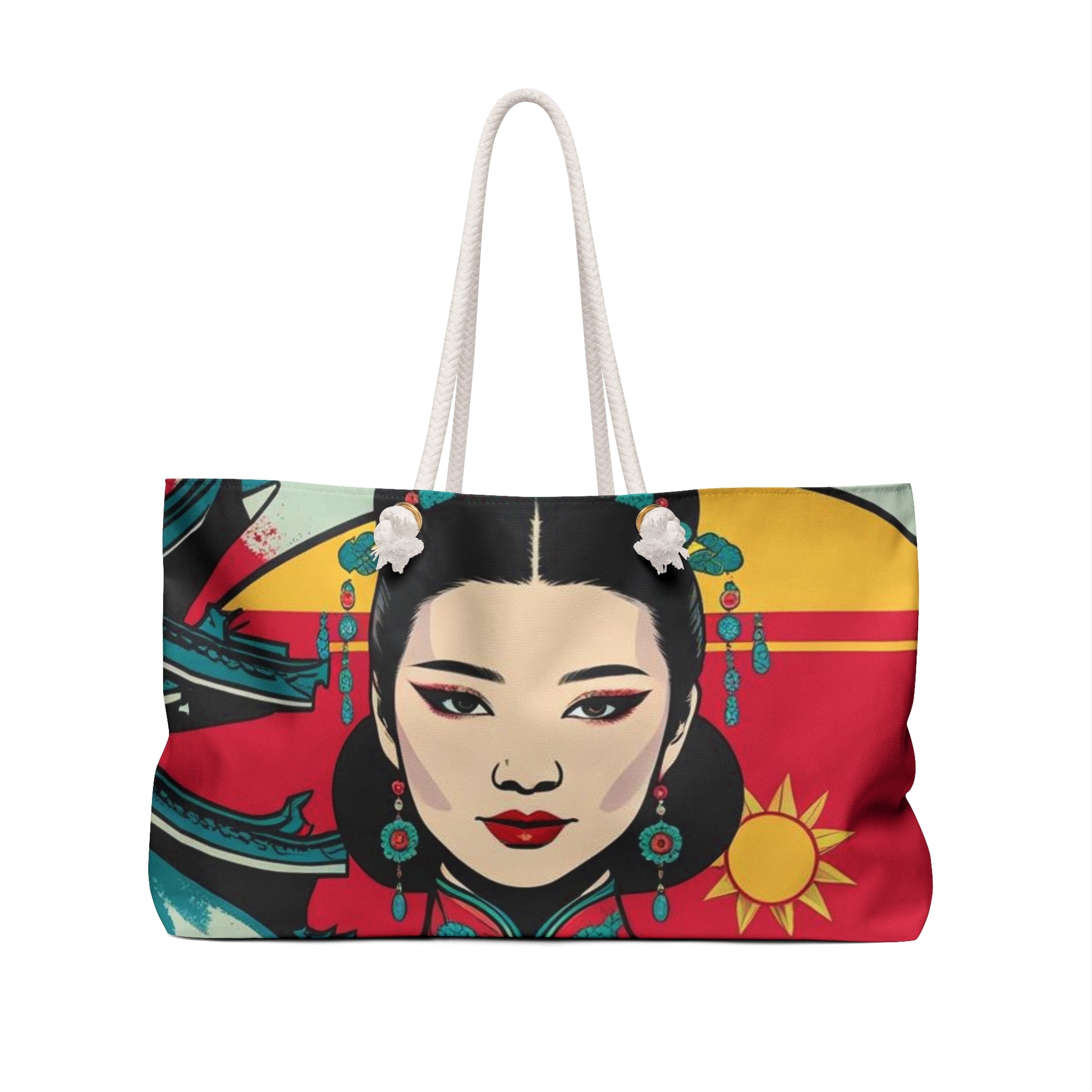 Stylish Weekender Bag with Artistic Asian Design, Travel Tote, Beach Bag, Gym Bag, Gift for Her, Boho Chic