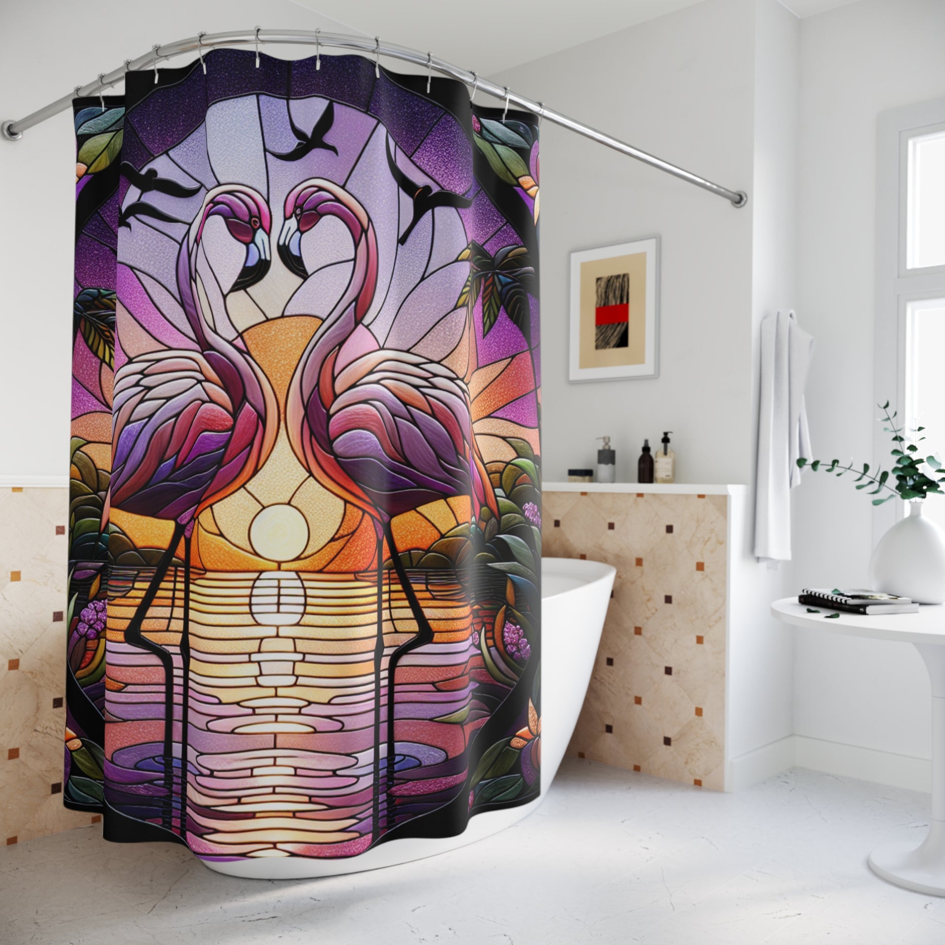 Tropical Flamingo Shower Curtain, Bohemian Bath Decor, Beach Inspired Home Accessories, Vibrant Bathroom Art, Summer Vibes Decoration