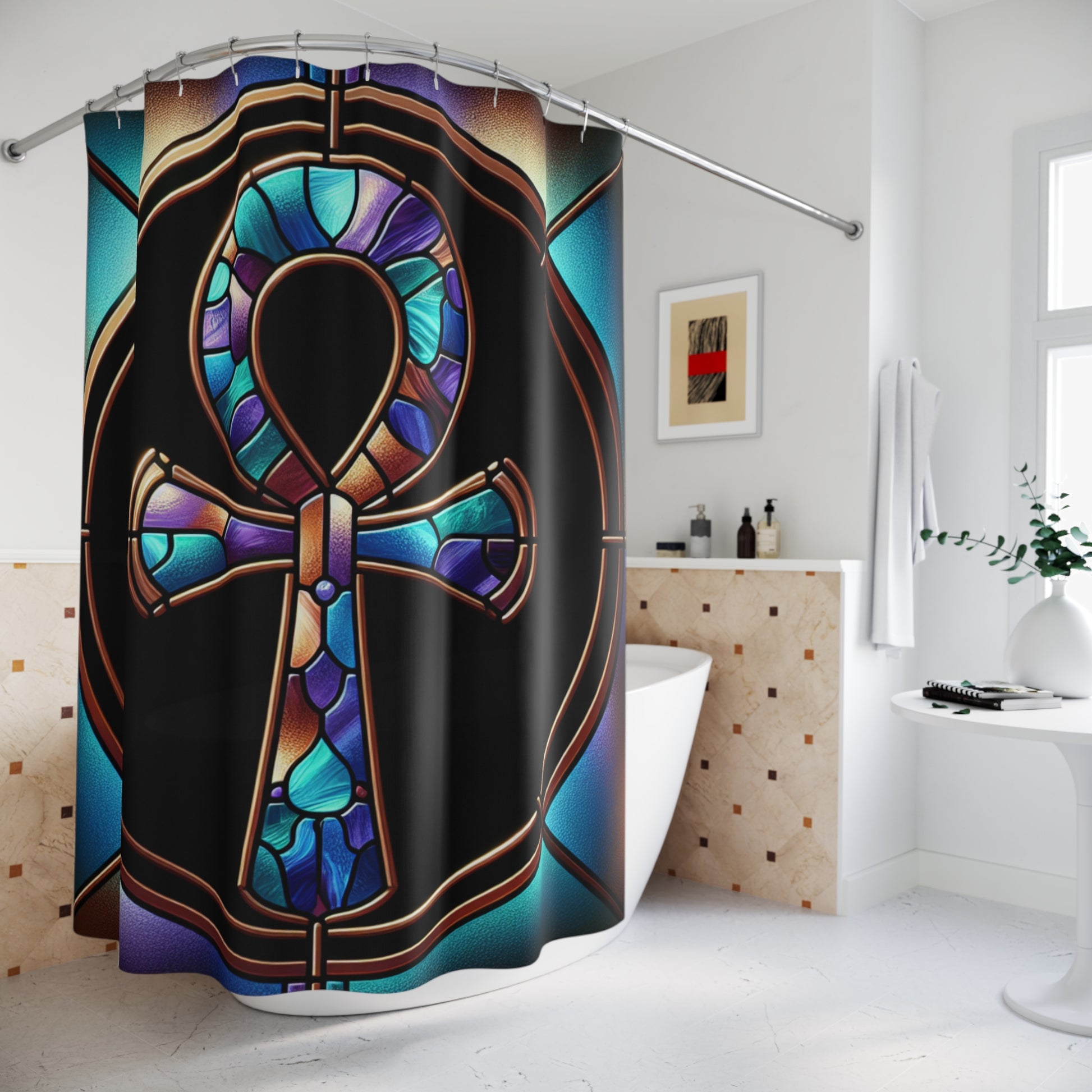 Stained Glass Ankh Shower Curtain - Bohemian Bathroom Decor, Egyptian Inspired, Unique Home Accents, Spiritual Gift, Artful Design