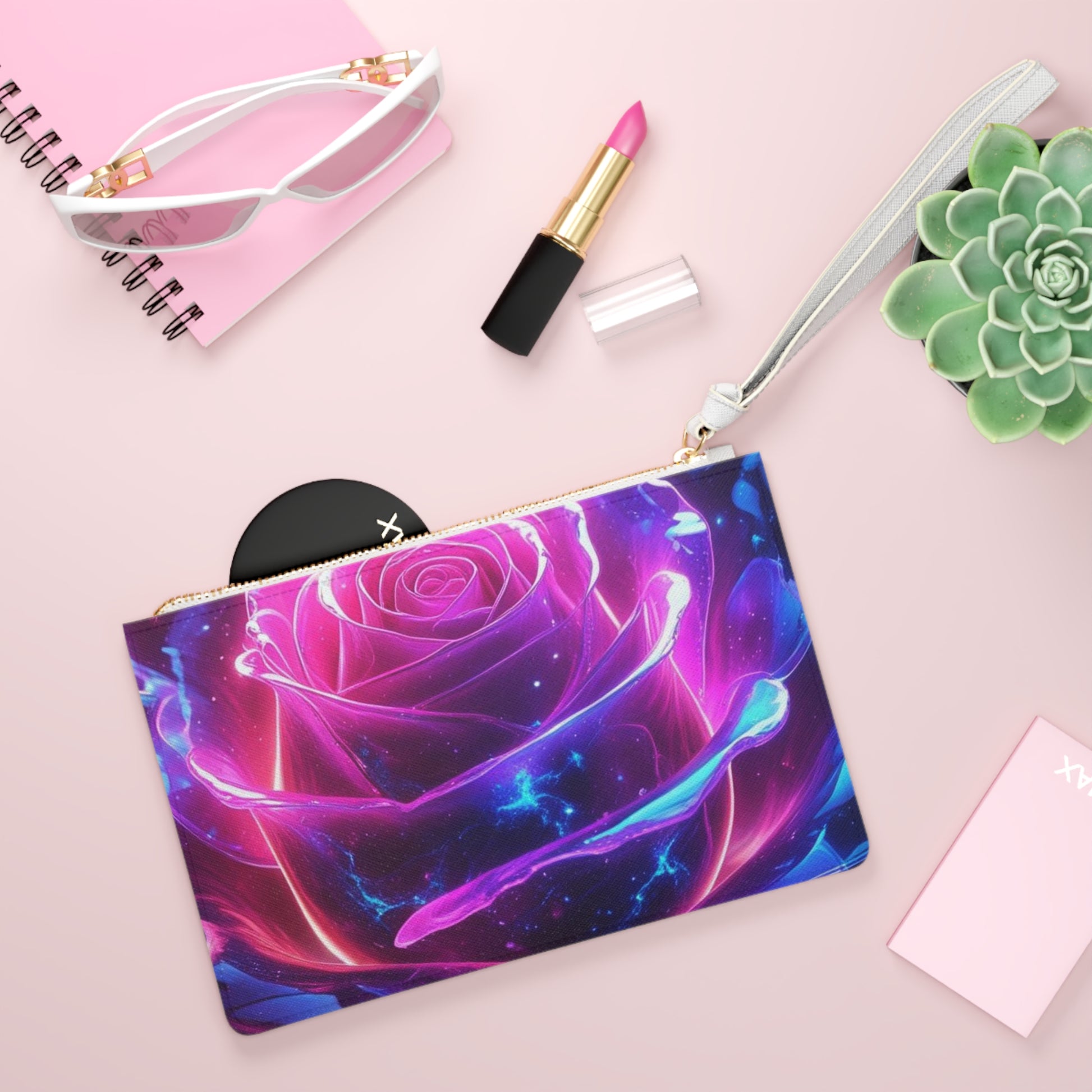 Cosmic Art Clutch Bag - Magical Rose & Lion Designs, Festival Accessory, Gift for Her, Evening Purse, Dreamy Vibes, Boho Style