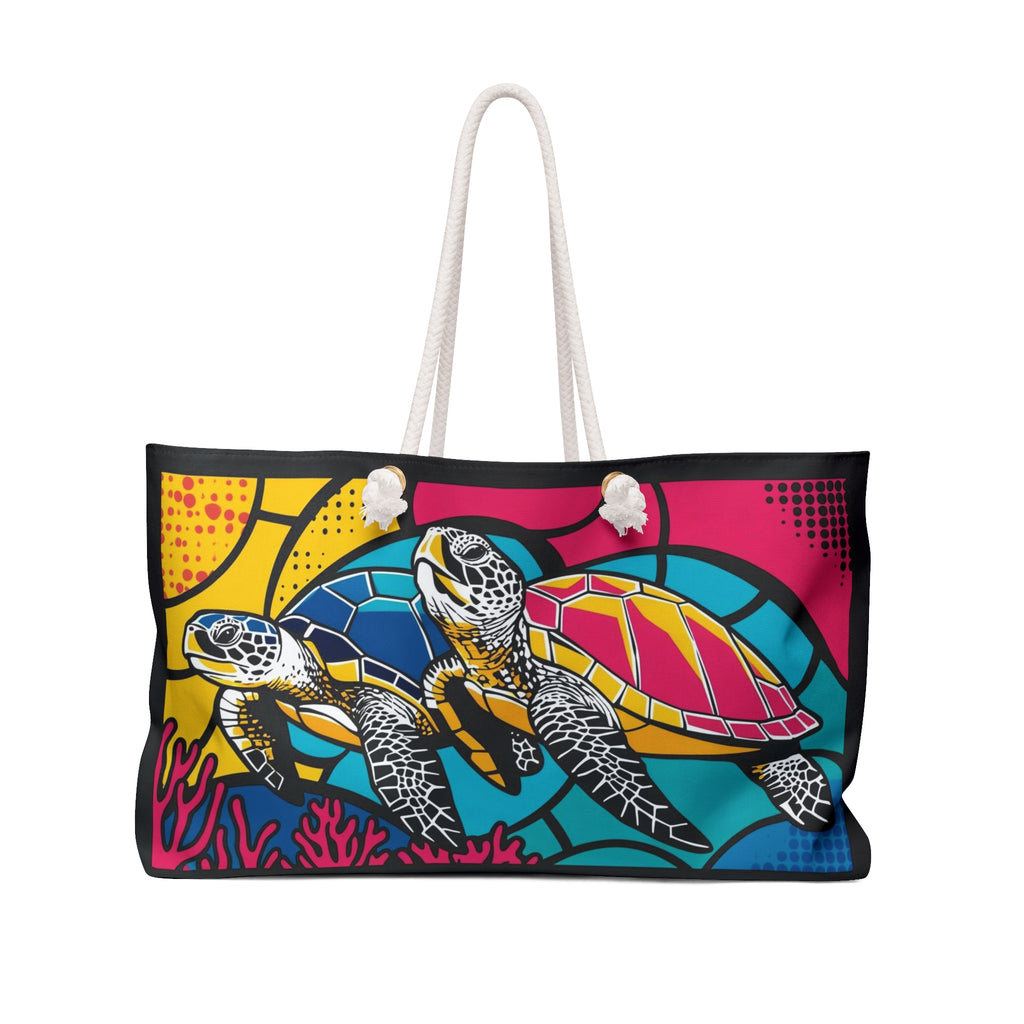 Sea Turtle Pop Art Weekender Bag, Beach Travel Tote, Overnight Carryall, Vacation Shoulder Bag, Tropical Getaway Purse