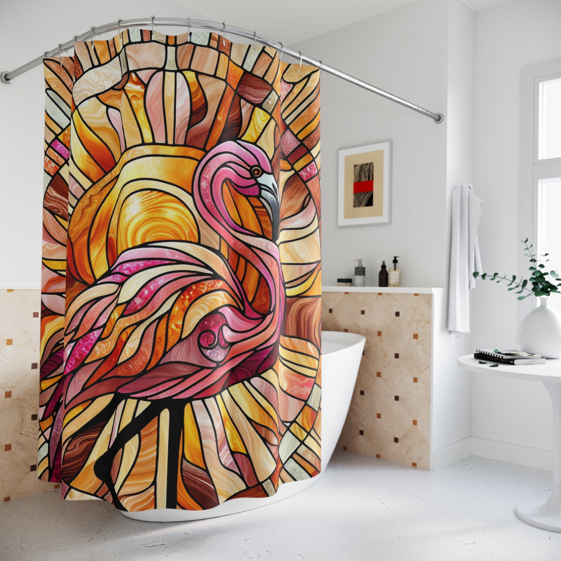 Vibrant Flamingo Stained Glass Shower Curtain, Tropical Bathroom Decor, Summer Vibes, Gift for Bird Lovers, Boho Home Accessory