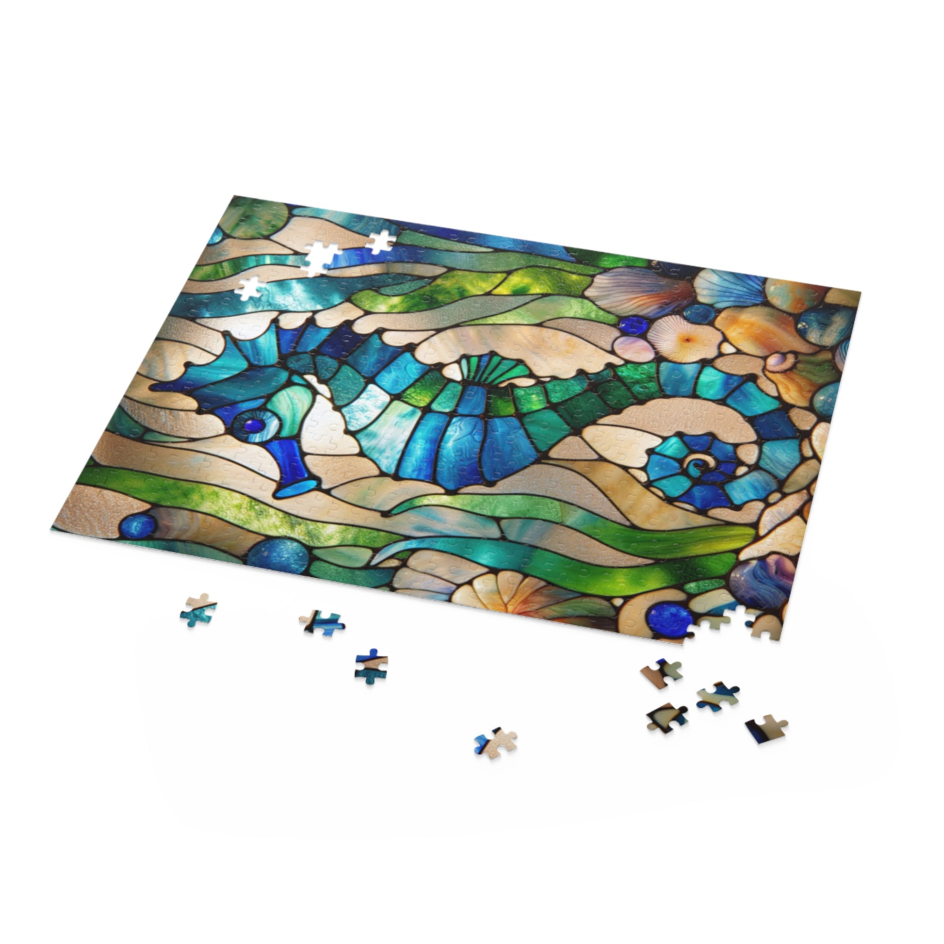 Stained Glass Seahorse Puzzle, Ocean Art, 120-500 Piece Jigsaw, Nautical Decor, Gift for Marine Life Lovers, Home Entertainment
