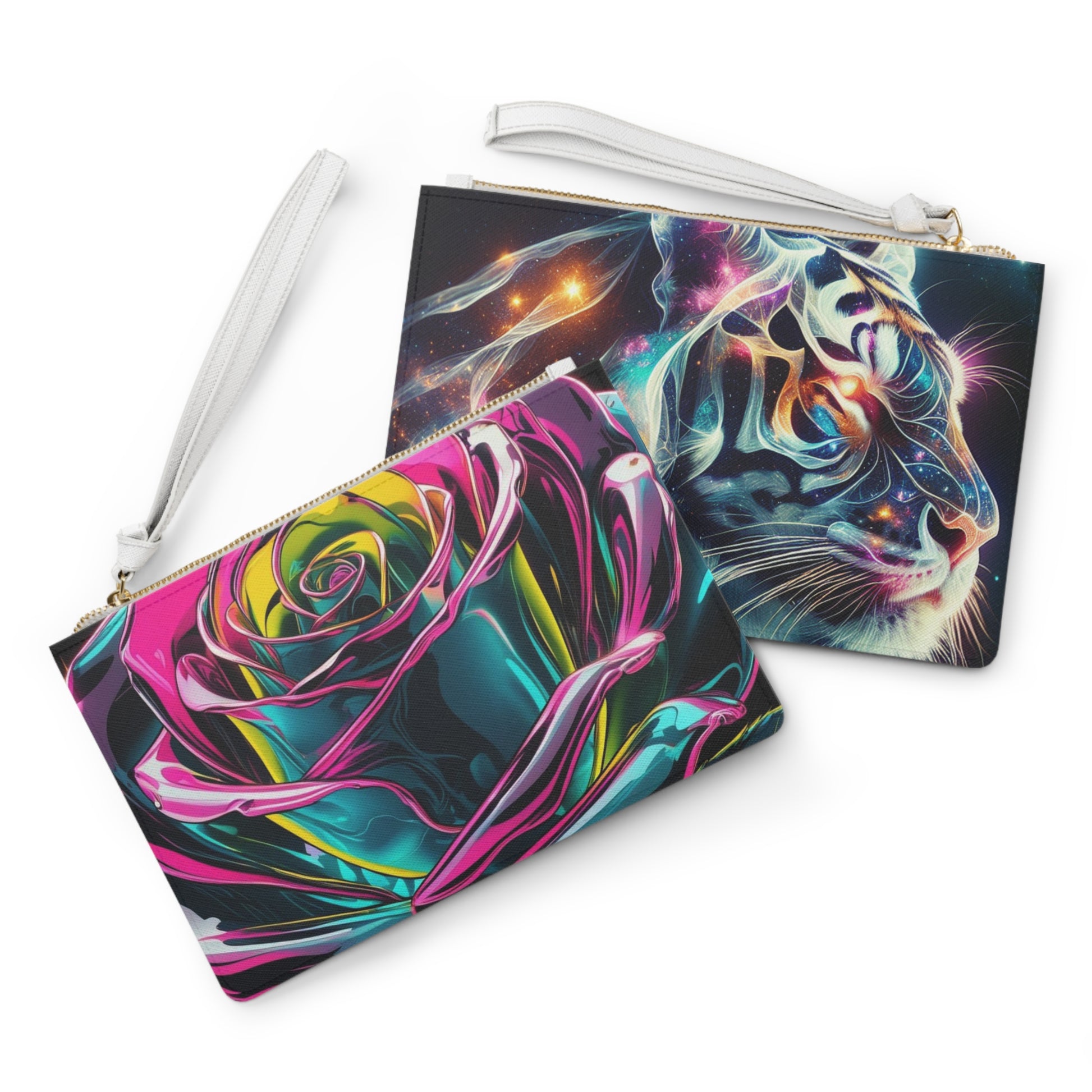 Vibrant Rose Clutch Bag, Cosmic Tiger Purse, Colorful Makeup Bag, Artistic Clutch for Weddings, Festivals, Birthdays