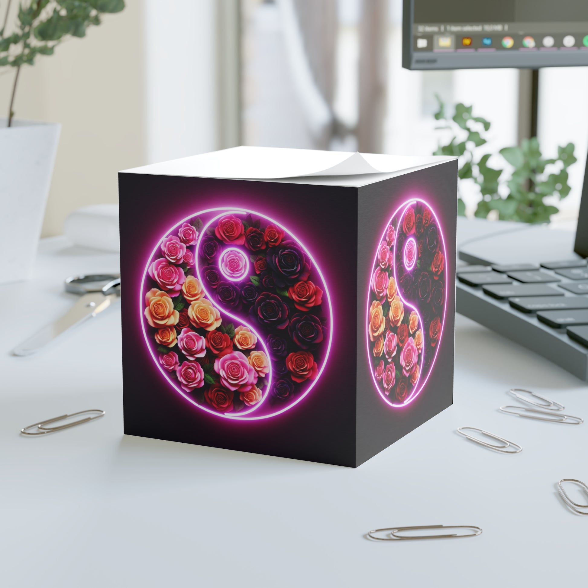 Yin Yang Floral Note Cube - Inspirational Desk Decor, Stationery Gift, Flower Sticky Notes, Office Supplies, Floral Memorandum Block