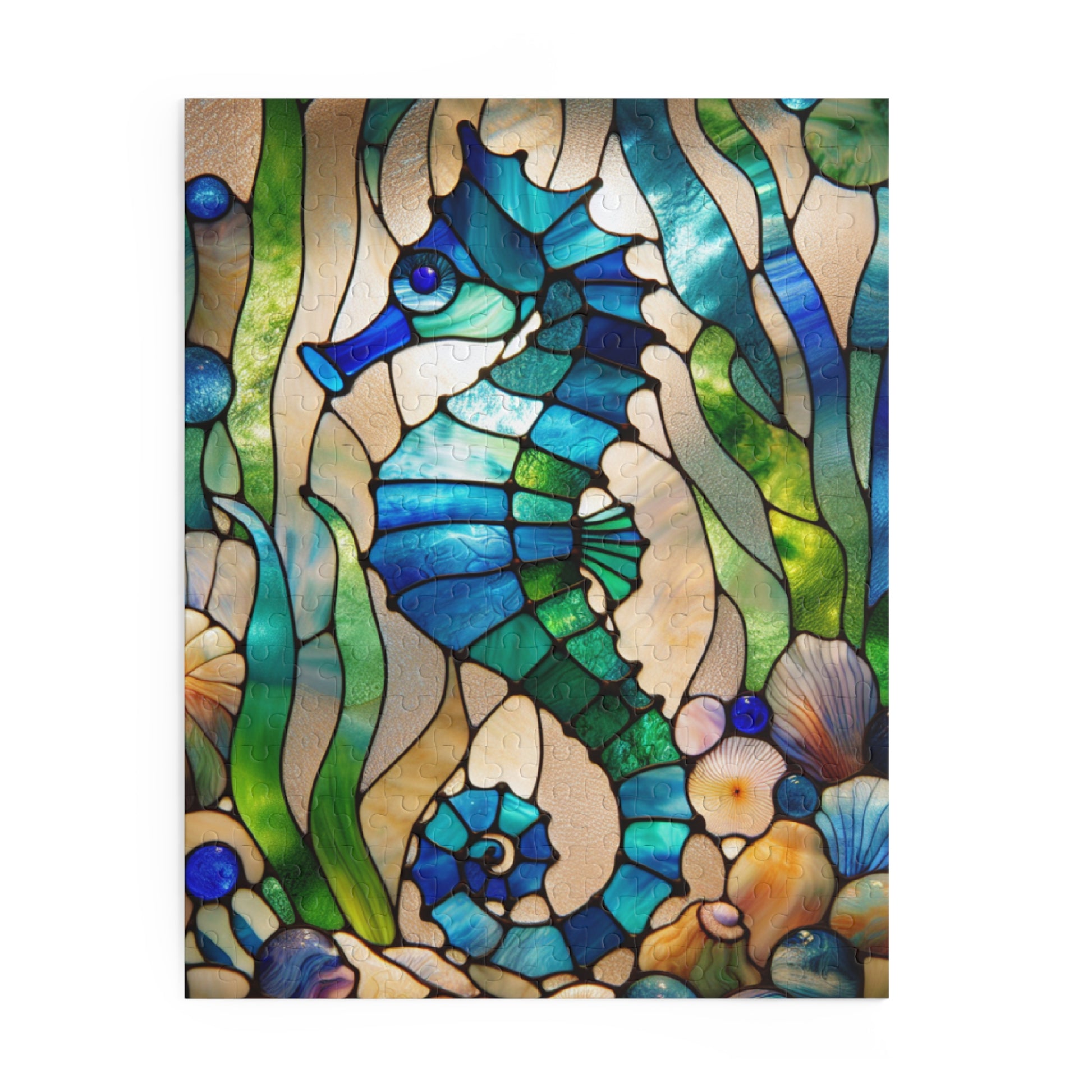 Stained Glass Seahorse Puzzle, Ocean Art, 120-500 Piece Jigsaw, Nautical Decor, Gift for Marine Life Lovers, Home Entertainment