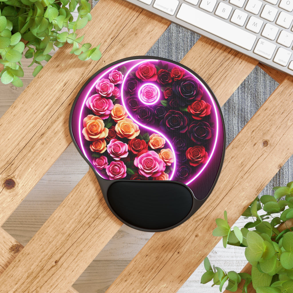 Floral Yin Yang Mouse Pad with Wrist Rest | Desk Accessory for Home Office, Gift for Gamers, Ergonomic Support, Unique Computer Accessories