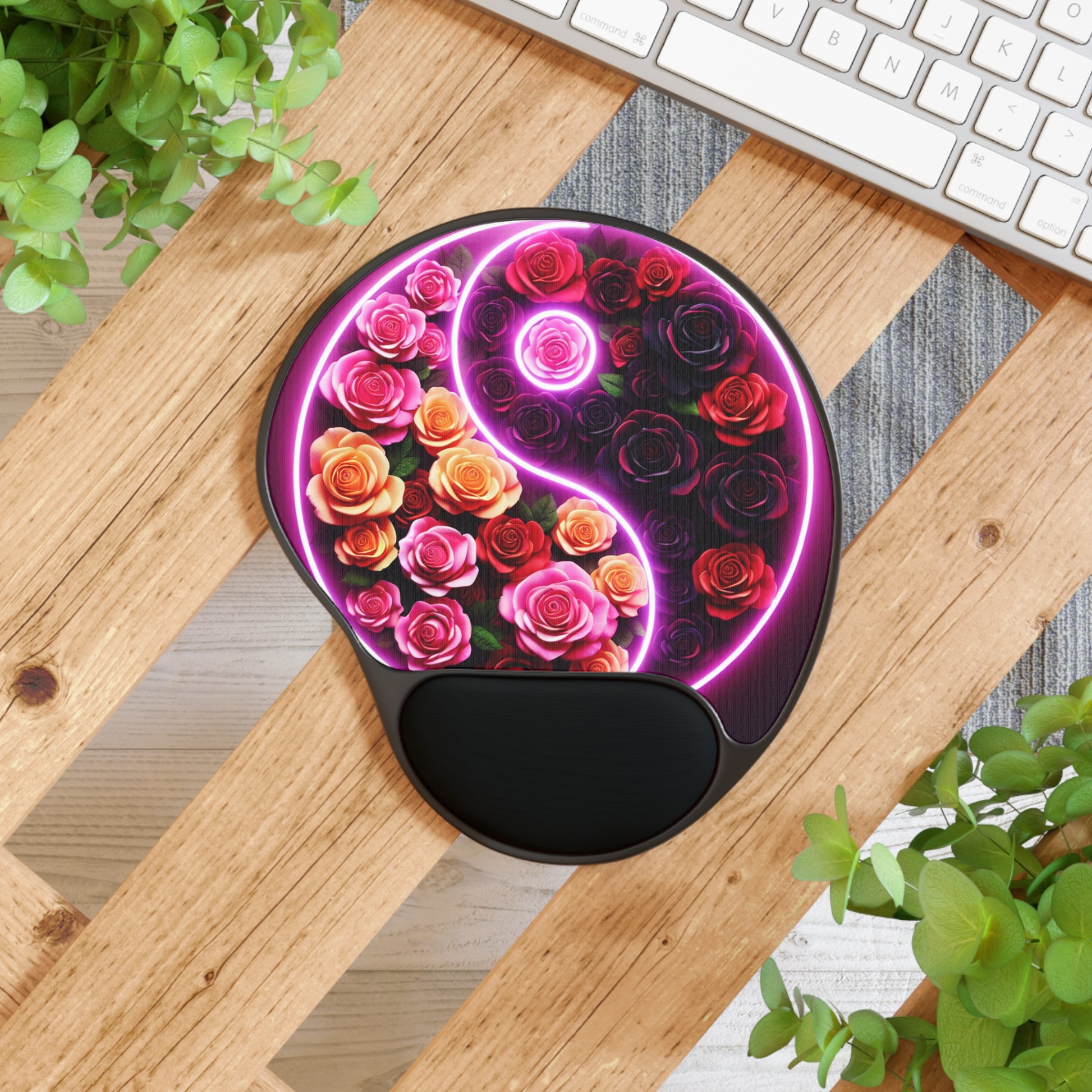 Floral Yin Yang Mouse Pad with Wrist Rest | Desk Accessory for Home Office, Gift for Gamers, Ergonomic Support, Unique Computer Accessories
