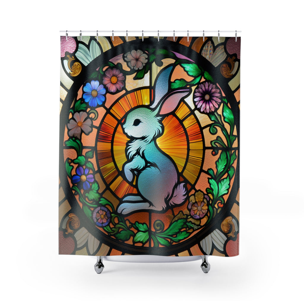 Stained Glass Bunny Shower Curtain, Easter Decor, Spring Home Accessories, Bathroom Art, Nature-Inspired Design