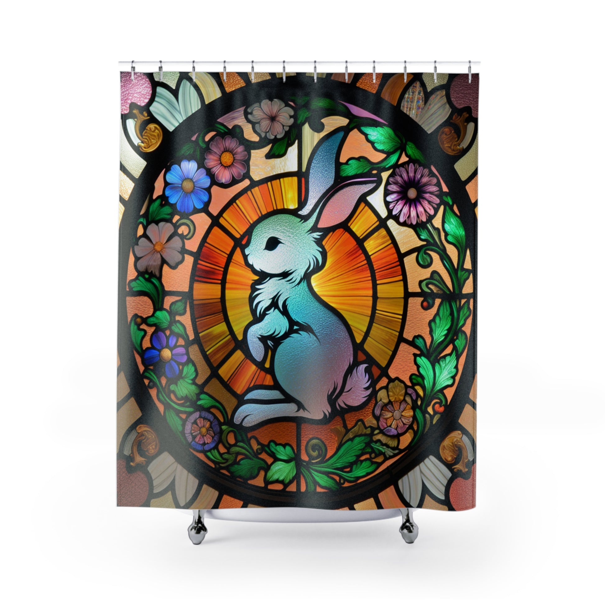 Stained Glass Bunny Shower Curtain, Easter Decor, Spring Home Accessories, Bathroom Art, Nature-Inspired Design