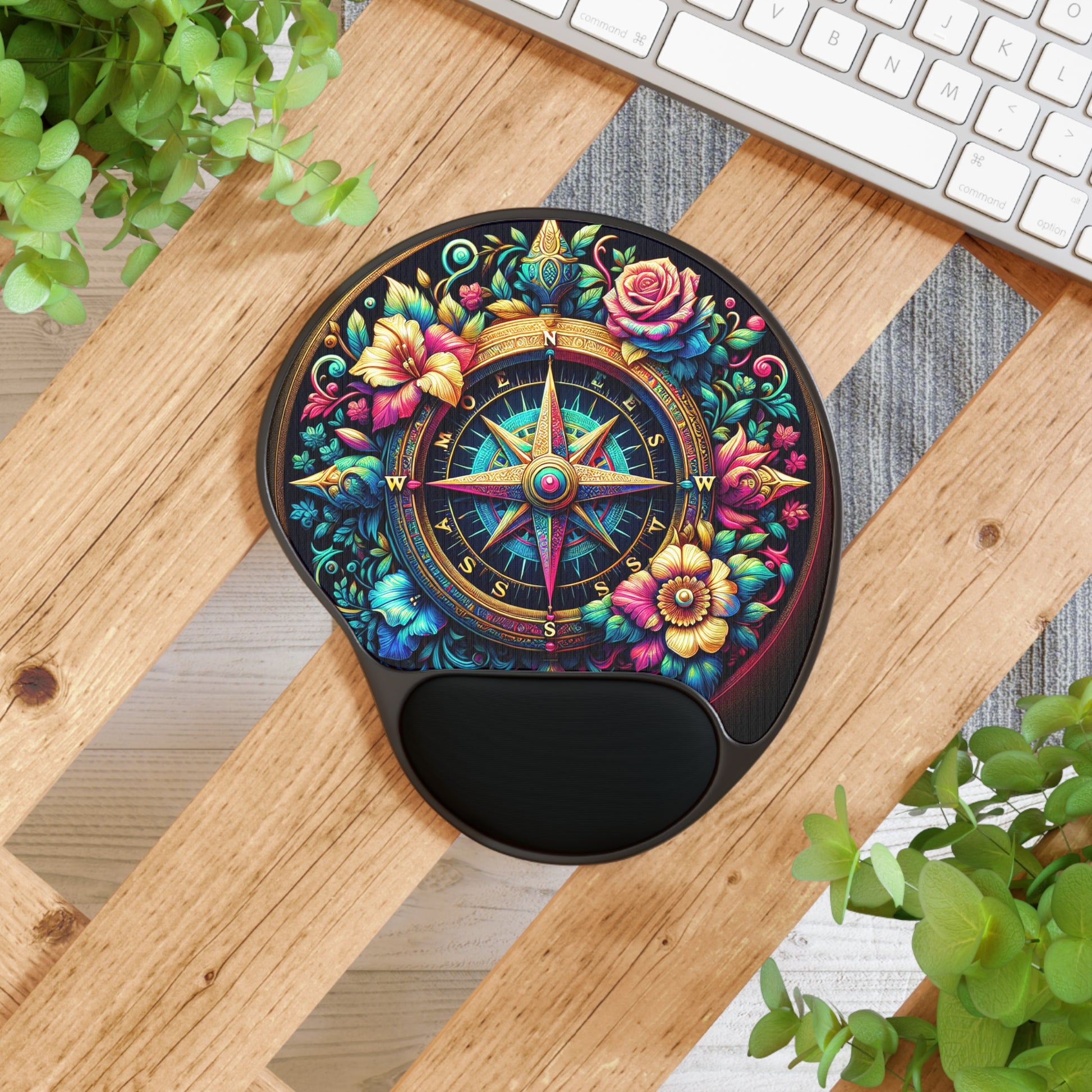 Colorful Floral Compass Mouse Pad with Wrist Rest - Perfect for Office Decor, Gifts for Students, Gamers, or Home Offices