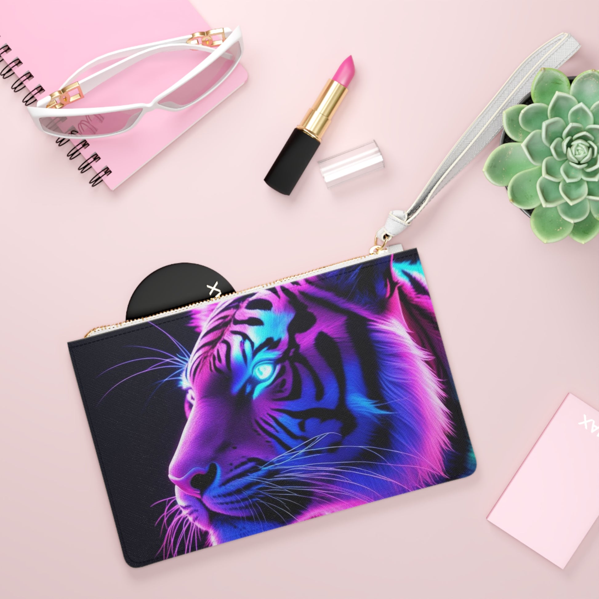 Vibrant Clutch Bag with Tiger & Galaxy Design, Colorful Wristlet for Occasions, Fashion Accessory, Unique Gift, Trendy Purse