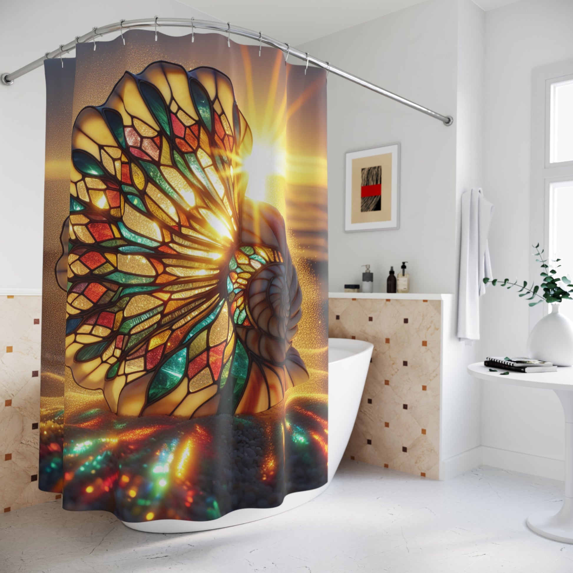 Stained Glass Shell Shower Curtain with Sunset Glow, Coastal Bathroom Decor, Nautical Theme, Home Spa, Beach House Accent