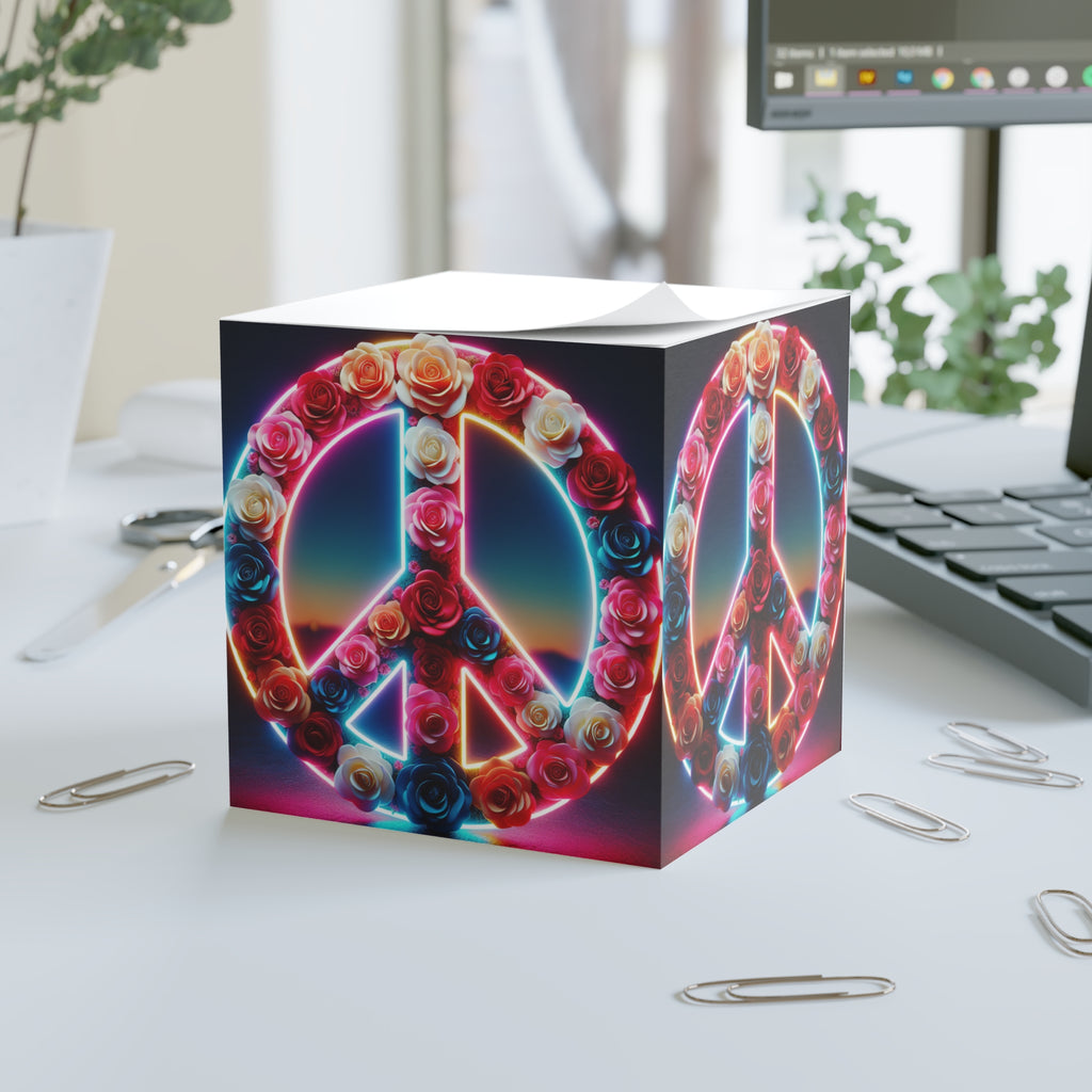 Neon Peace Sign Note Cube, Floral Notepad, Desk Organizer, Gift for Students, Office Decor, Inspirational Stationery