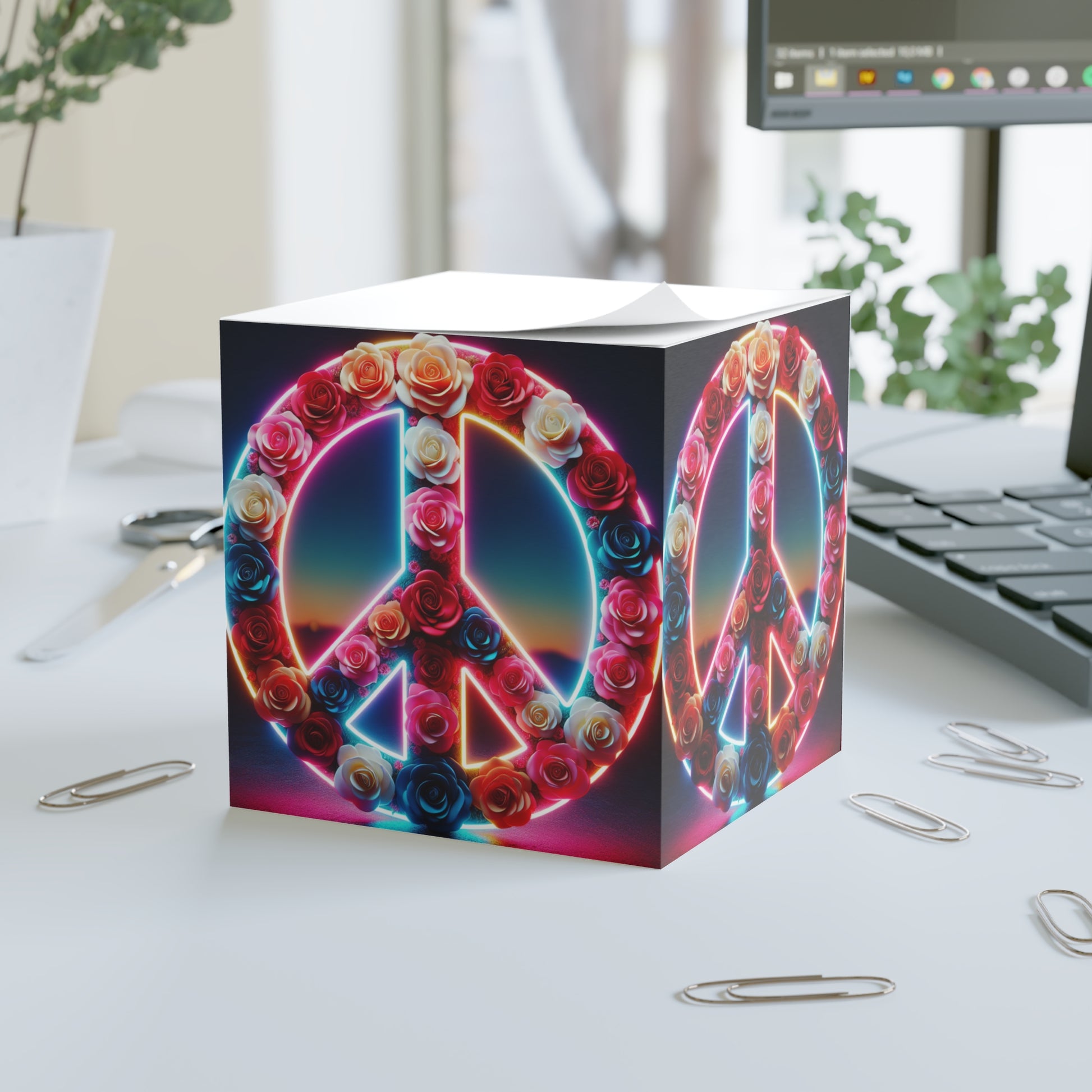 Neon Peace Sign Note Cube, Floral Notepad, Desk Organizer, Gift for Students, Office Decor, Inspirational Stationery