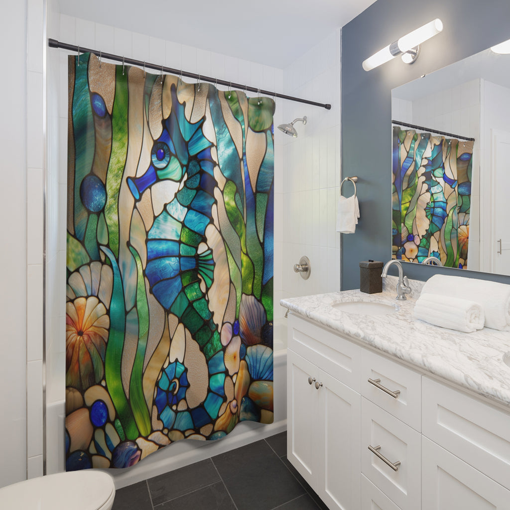 Stained Glass Seahorse Shower Curtain, Coastal Bathroom Decor, Nautical Gift, Ocean Theme, Beach House Essentials