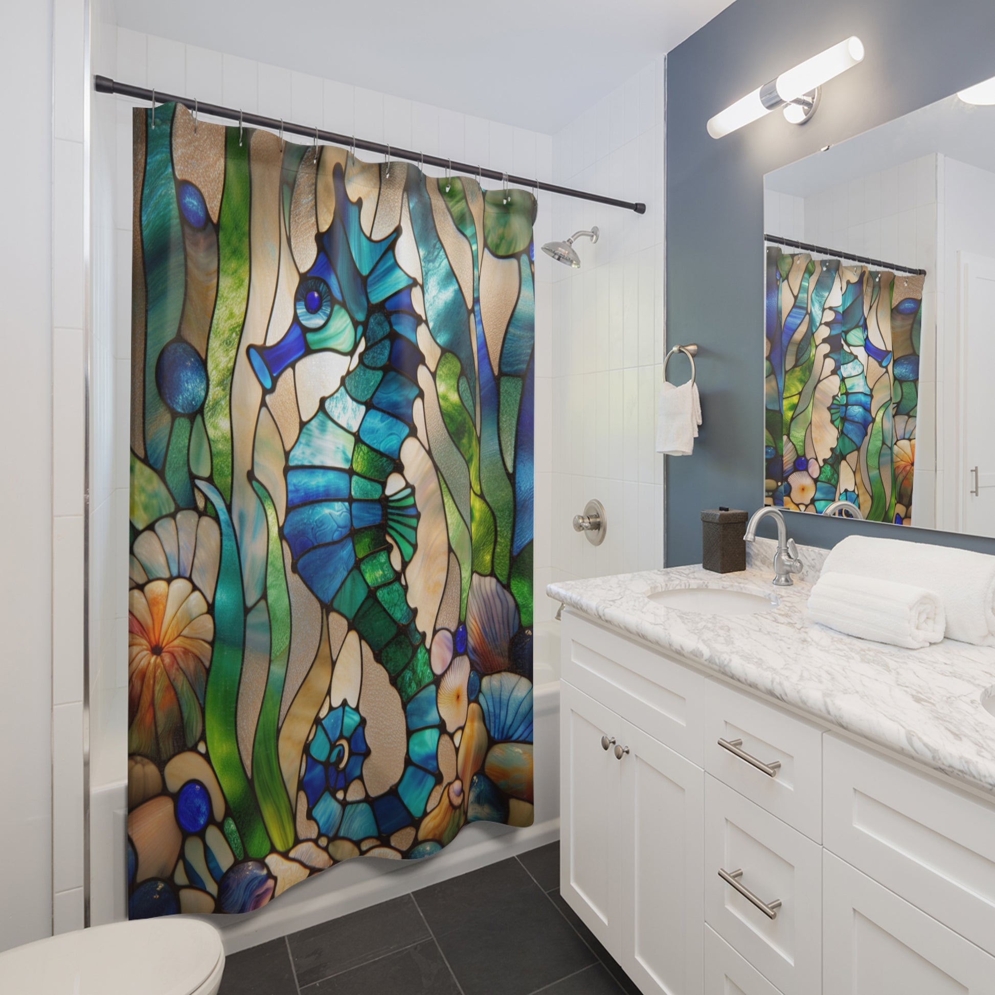 Stained Glass Seahorse Shower Curtain, Coastal Bathroom Decor, Nautical Gift, Ocean Theme, Beach House Essentials