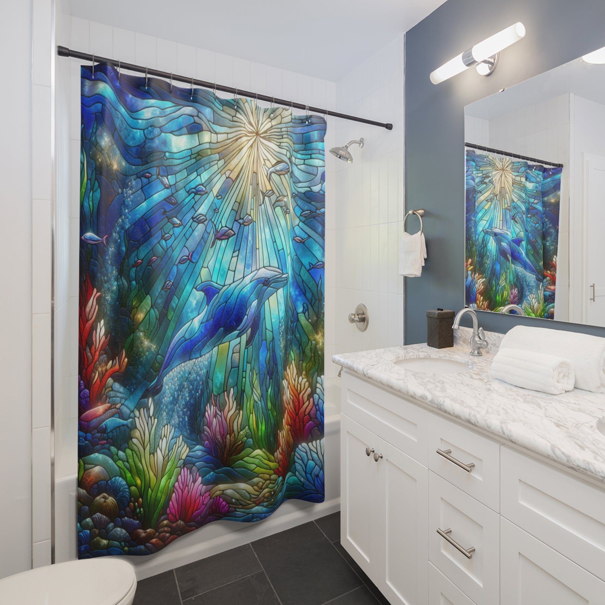 Vibrant Dolphin Shower Curtain, Nautical Home Decor, Ocean Theme Bathroom Accessory, Coastal Gift, Beach Vibes