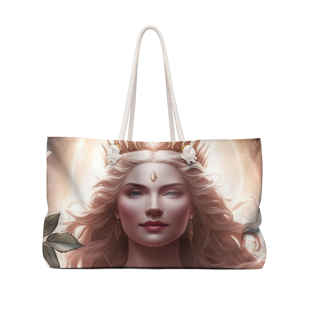 Divine Rose Goddess-Themed Weekender Bag, Boho Carryall Carry-On Tote for Travel, Spiritual Gift, Yoga Style, Beach Bag, Goddess Art Design