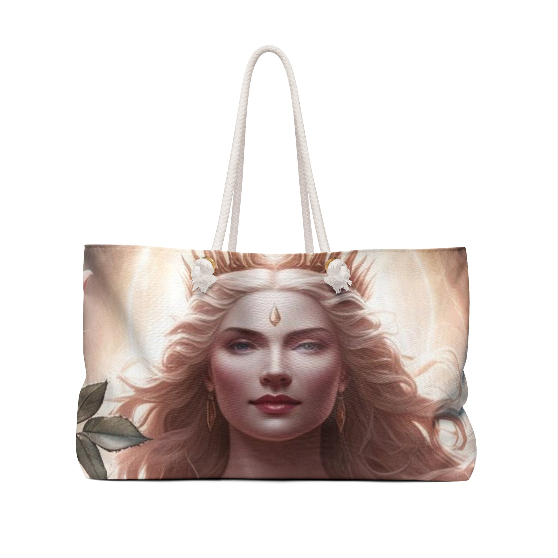 Divine Rose Goddess-Themed Weekender Bag, Boho Carryall Carry-On Tote for Travel, Spiritual Gift, Yoga Style, Beach Bag, Goddess Art Design