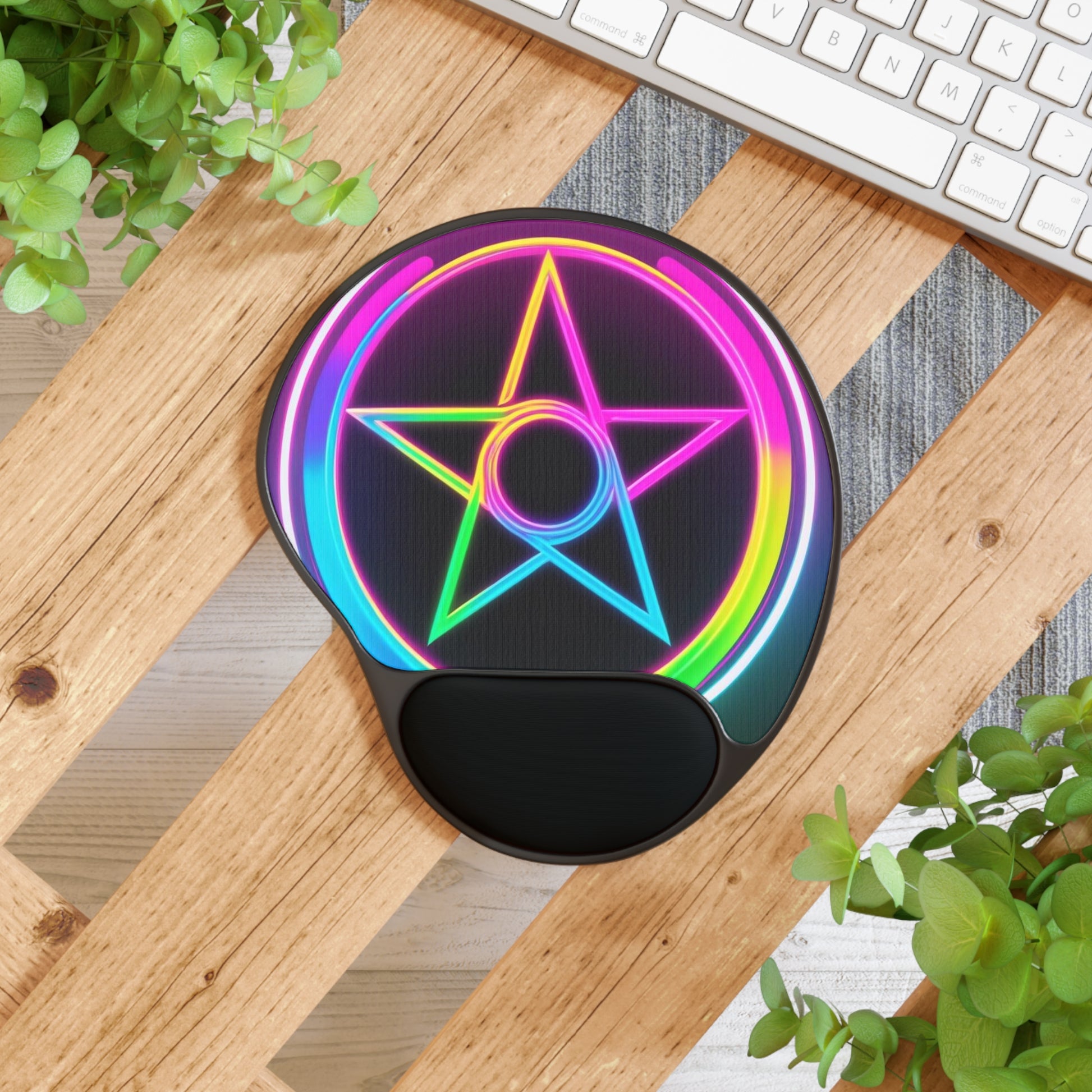Vibrant Neon Pentagram Mouse Pad with Wrist Rest | Great for Gamers, Home Office, Tech Lovers, Witchy Aesthetics, Gift Idea