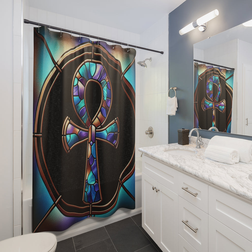 Stained Glass Ankh Shower Curtain - Bohemian Bathroom Decor, Egyptian Inspired, Unique Home Accents, Spiritual Gift, Artful Design