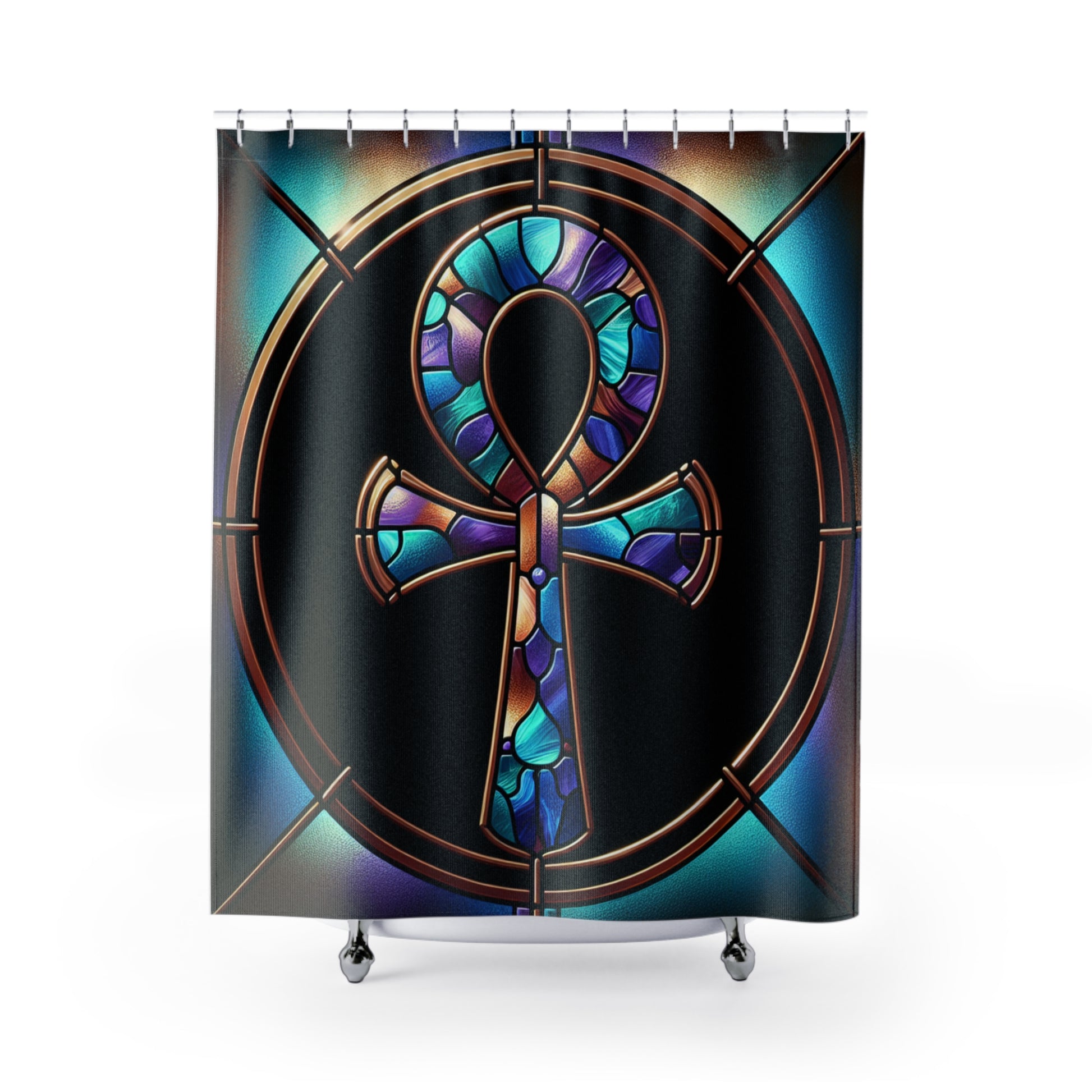 Stained Glass Ankh Shower Curtain - Bohemian Bathroom Decor, Egyptian Inspired, Unique Home Accents, Spiritual Gift, Artful Design