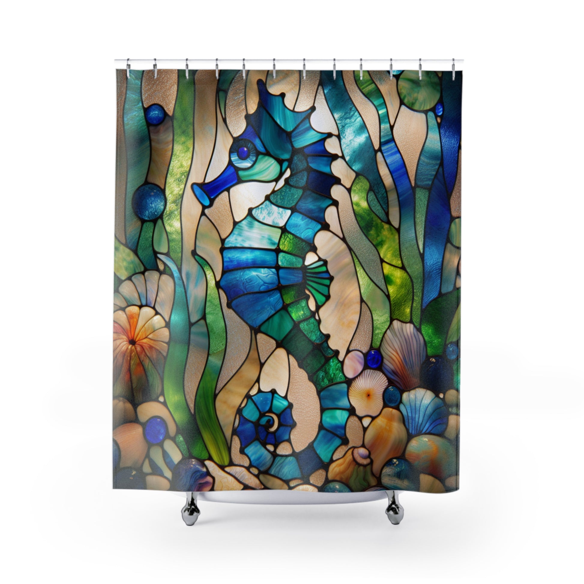 Stained Glass Seahorse Shower Curtain, Coastal Bathroom Decor, Nautical Gift, Ocean Theme, Beach House Essentials