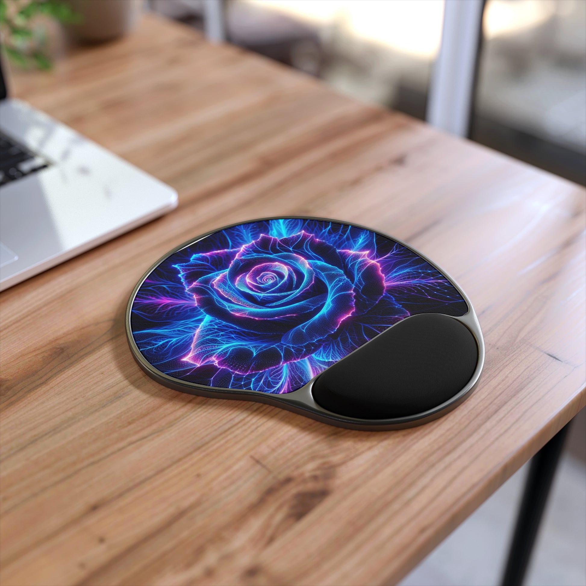Neon Rose Mouse Pad with Wrist Rest, Vibrant Desk Accessory for Gamers, Unique Gift for Him/Her, Office Essentials, Floral Art
