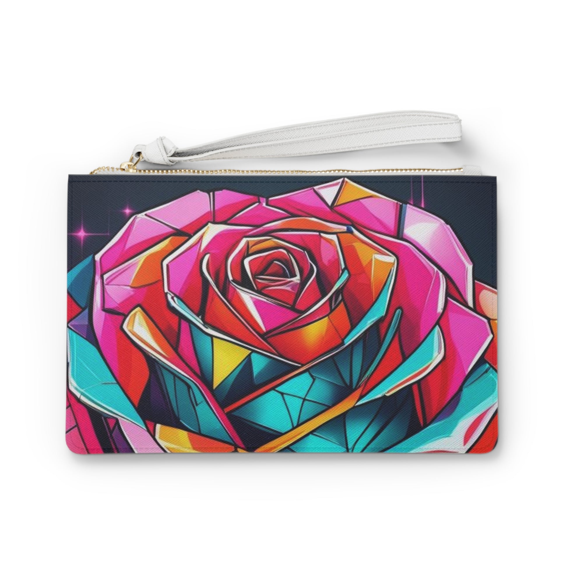 Vibrant Art Clutch Bag, Colorful Rose & Rocket Design, Unique Evening Bag, Perfect for Parties, Festivals and Gifts