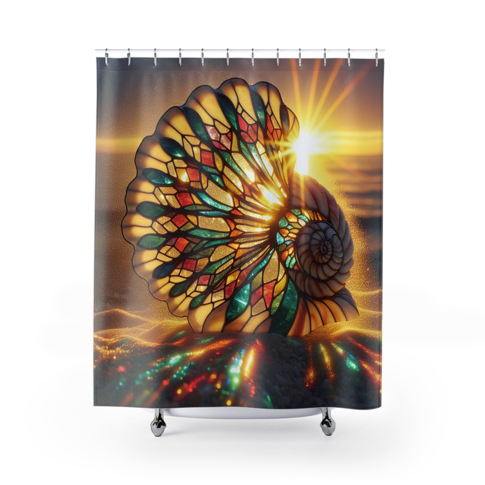 Stained Glass Shell Shower Curtain with Sunset Glow, Coastal Bathroom Decor, Nautical Theme, Home Spa, Beach House Accent