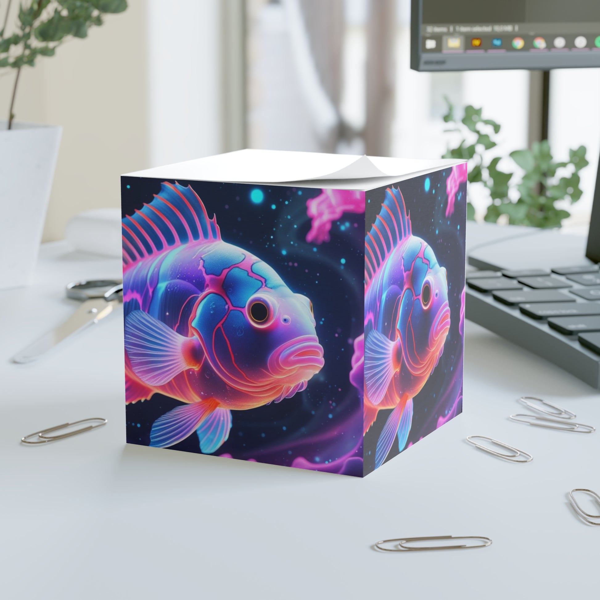 Neon Fish Note Cube - Colorful Stationery, Unique Desk Decor, Gift for Fish Lovers, Home Office Essentials, Kids Room Decor