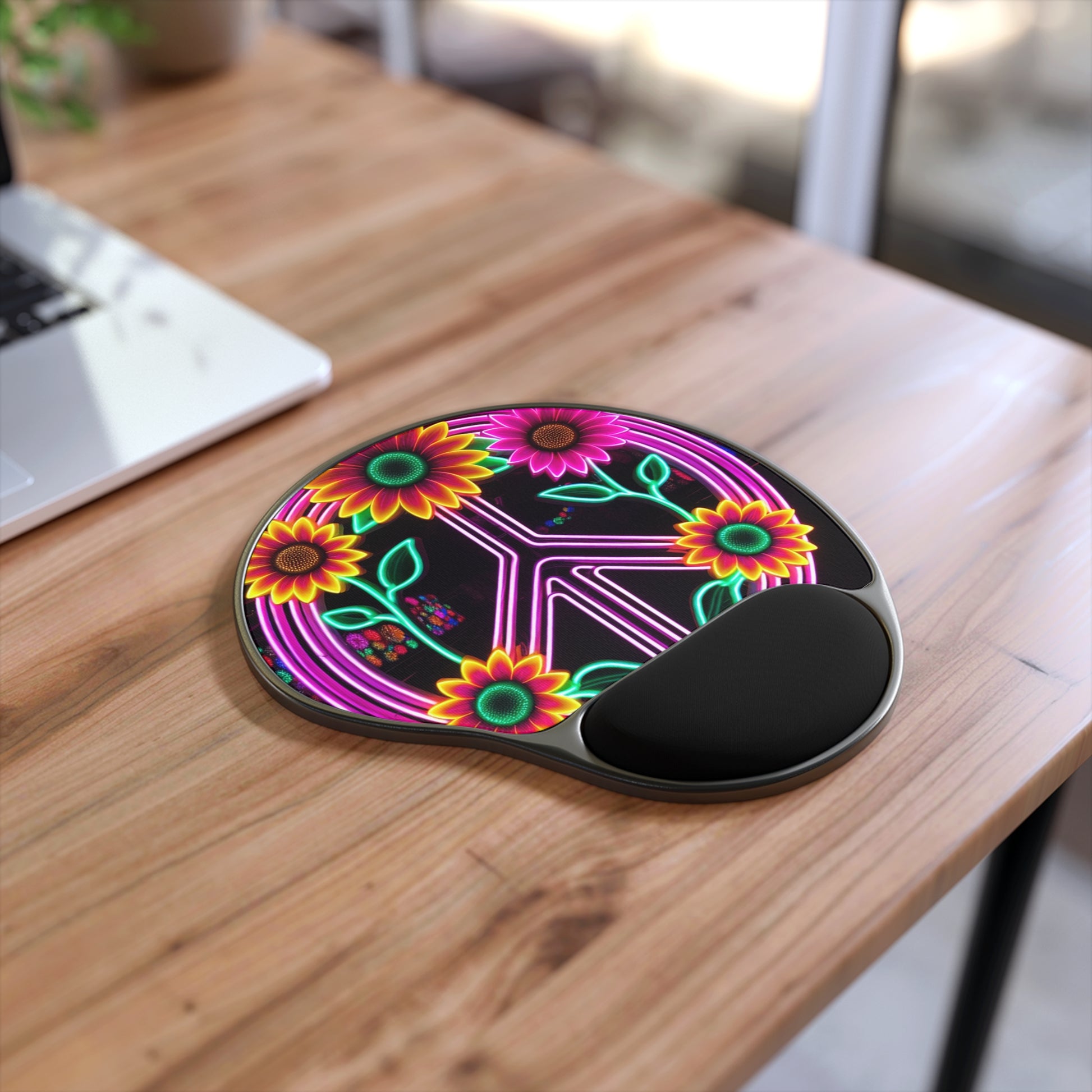 Colorful Peace Sign Mouse Pad with Wrist Rest, Floral Desk Accessory, Computer Gift for Students, Vibrant Office Decor, Peaceful Workspace
