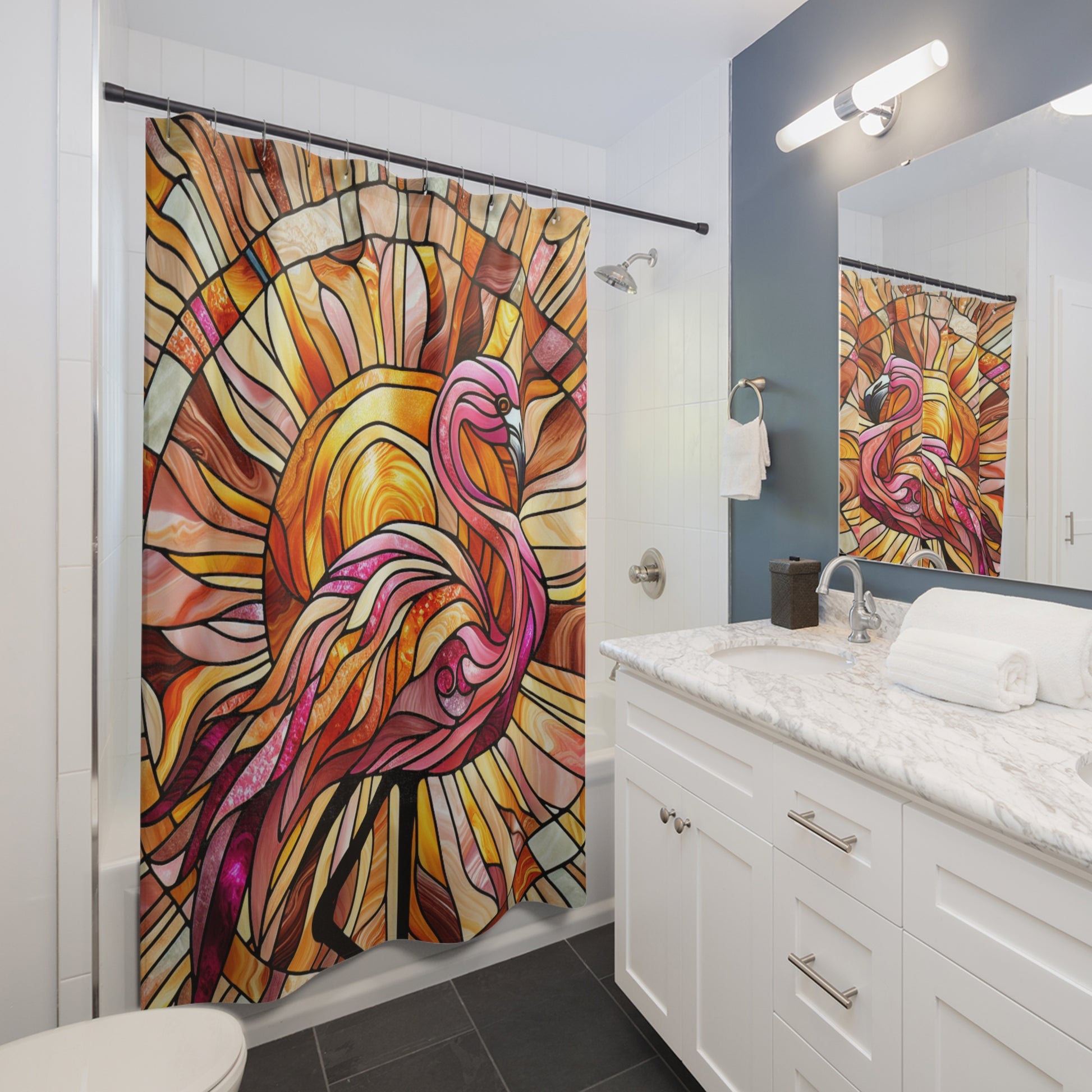 Vibrant Flamingo Stained Glass Shower Curtain, Tropical Bathroom Decor, Summer Vibes, Gift for Bird Lovers, Boho Home Accessory