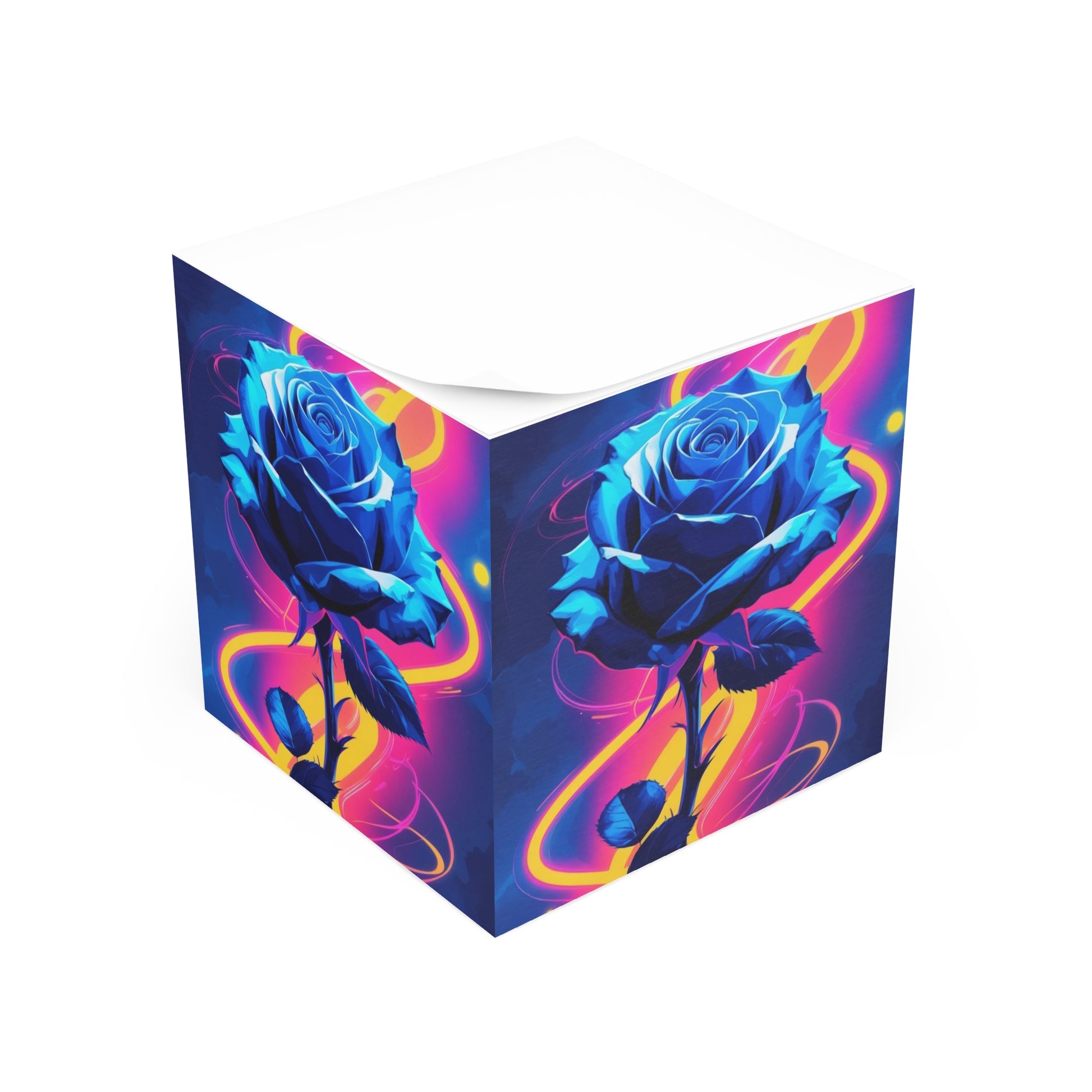 Vibrant Blue Rose Note Cube: Floral Stationery for Artists, Gift Notes, Inspirational Messages, Office Decor, Unique Desk Accessories