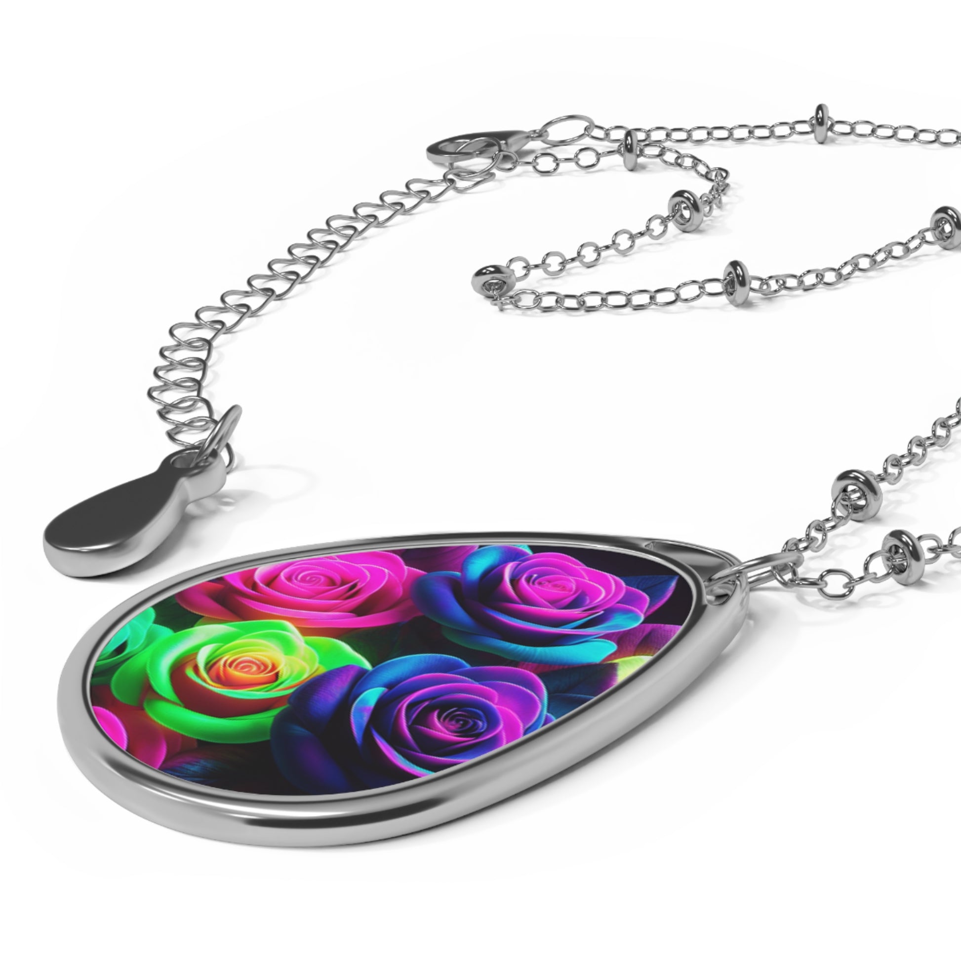 Colorful Floral Oval Pendant Necklace, Boho Jewelry Gift, Vibrant Flower Necklace, Statement Accessory for Women