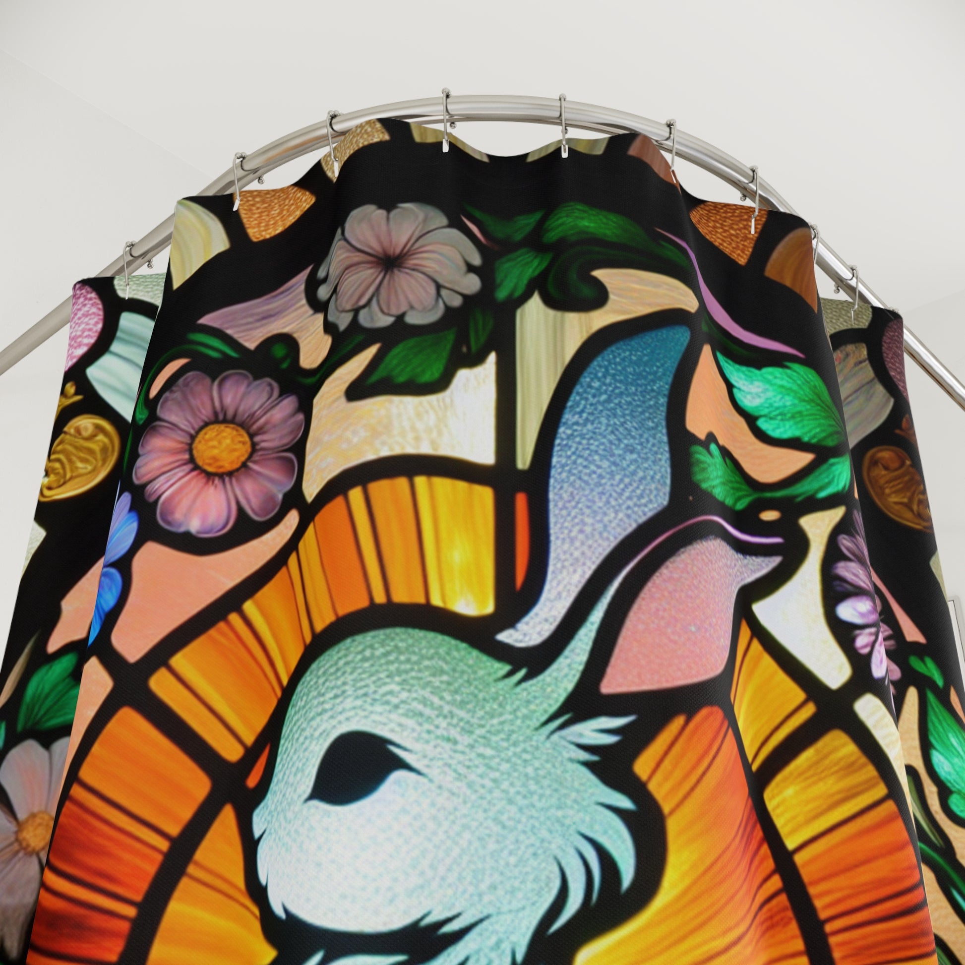Stained Glass Bunny Shower Curtain, Easter Decor, Spring Home Accessories, Bathroom Art, Nature-Inspired Design