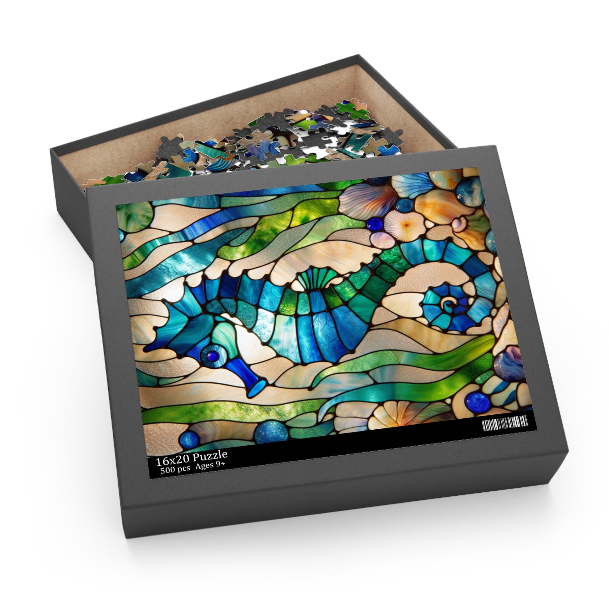 Stained Glass Seahorse Puzzle, Ocean Art, 120-500 Piece Jigsaw, Nautical Decor, Gift for Marine Life Lovers, Home Entertainment