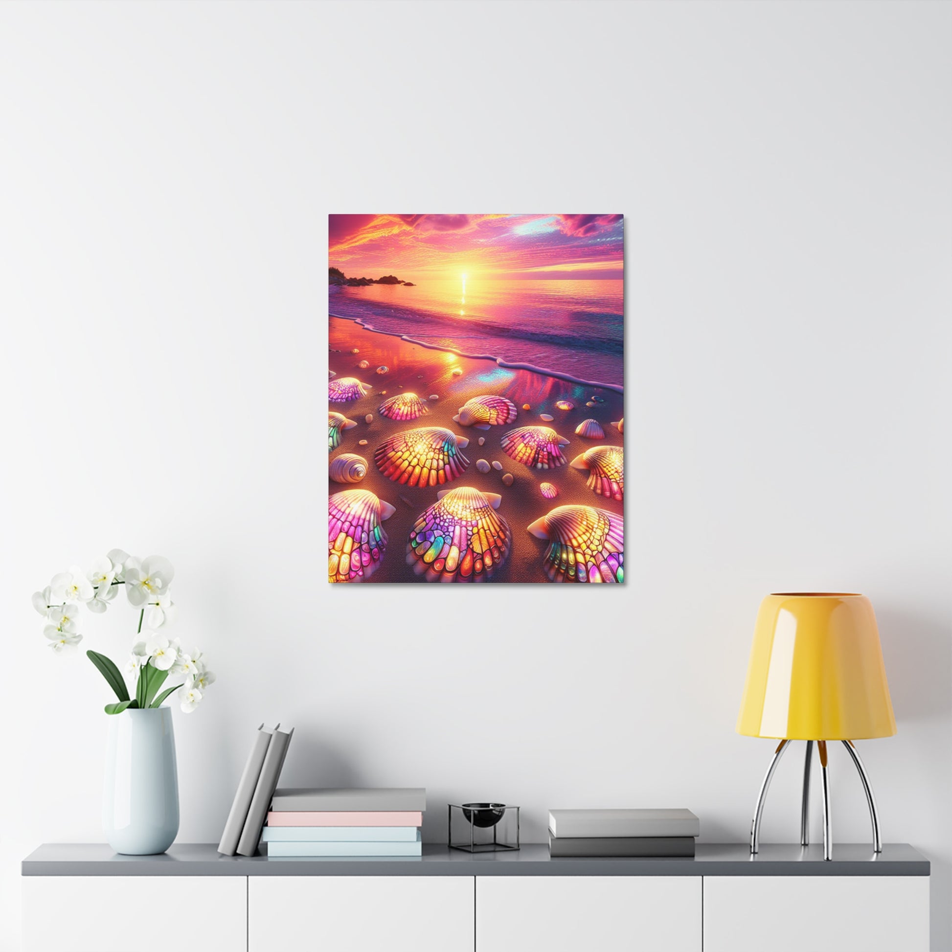 Colorful Seashells Stretched Canvas Art | Beach Decor, Ocean Wall Art, Coastal Aesthetic, Nautical Gift, Vibrant Sunset
