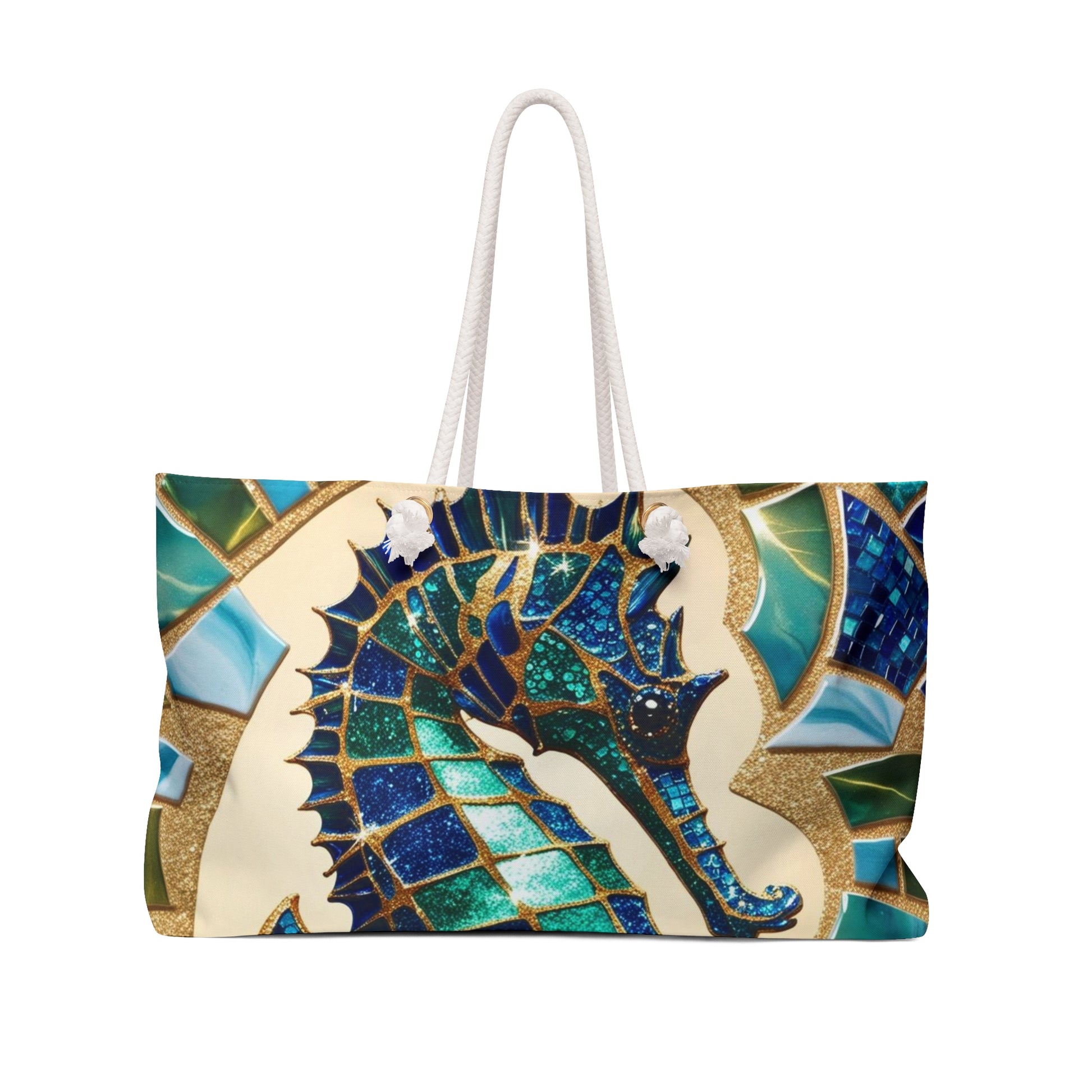 Seahorse Mosaic Weekender Bag - Sturdy Travel Tote for Weekend Trips, Beach Days, Gym, Gifts for Her, Boho Style