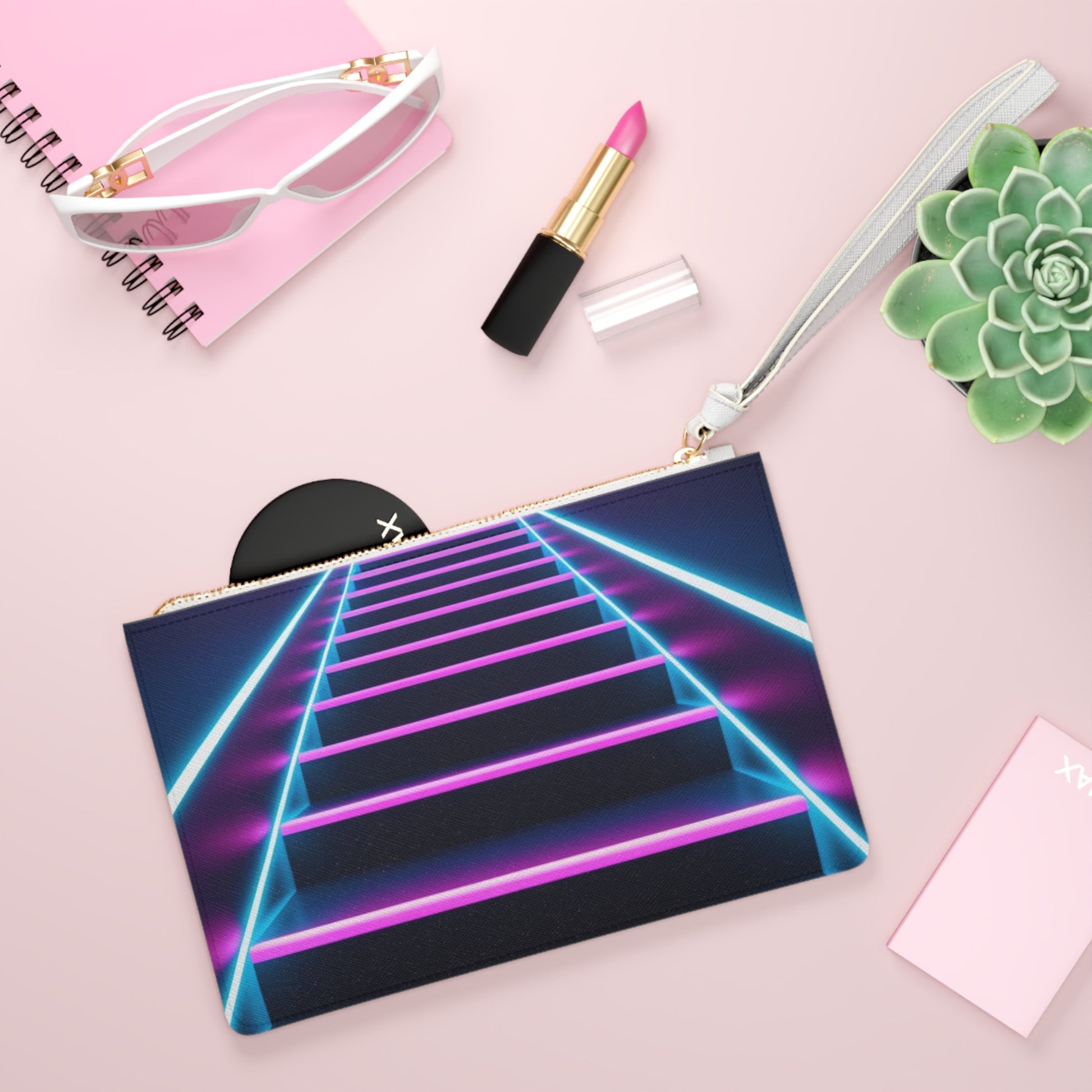 Enchanting Clutch Bag with Neon Staircase and Lotus Designs, Perfect for Nights Out, Parties, and Everyday Chic