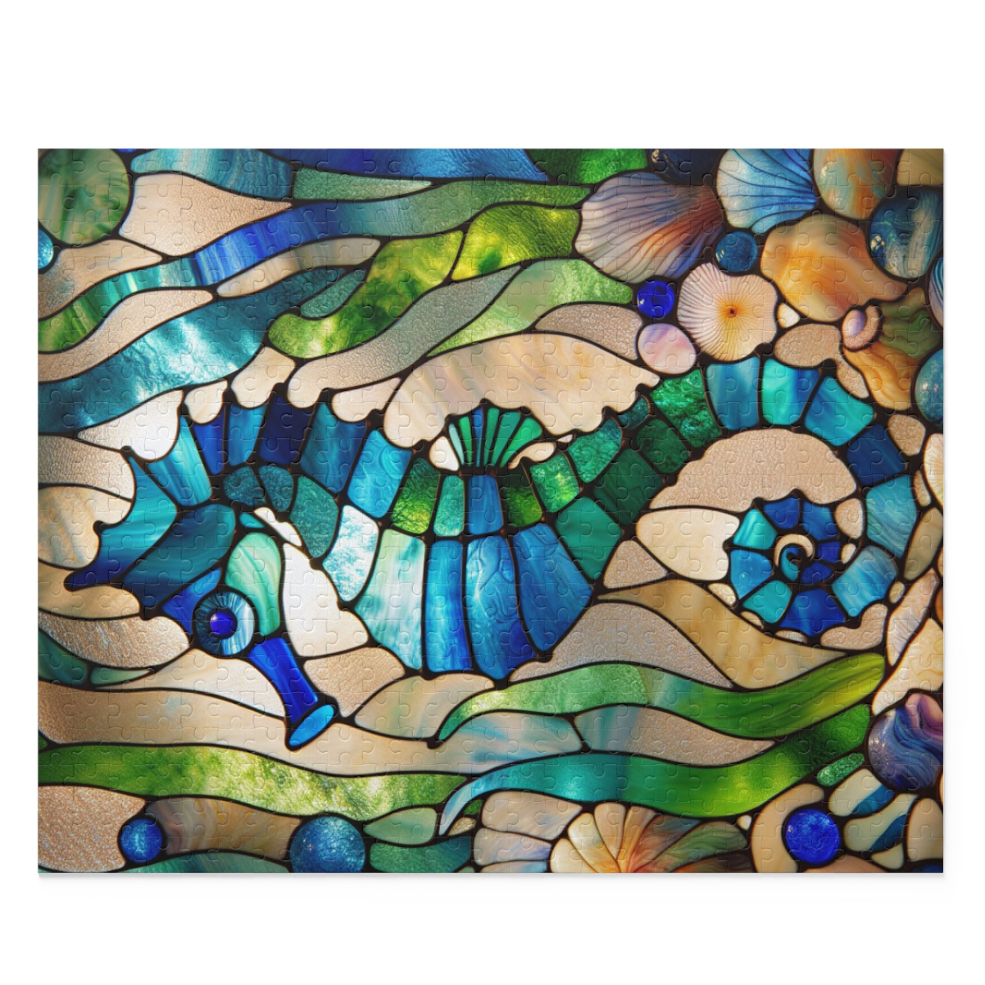 Stained Glass Seahorse Puzzle, Ocean Art, 120-500 Piece Jigsaw, Nautical Decor, Gift for Marine Life Lovers, Home Entertainment