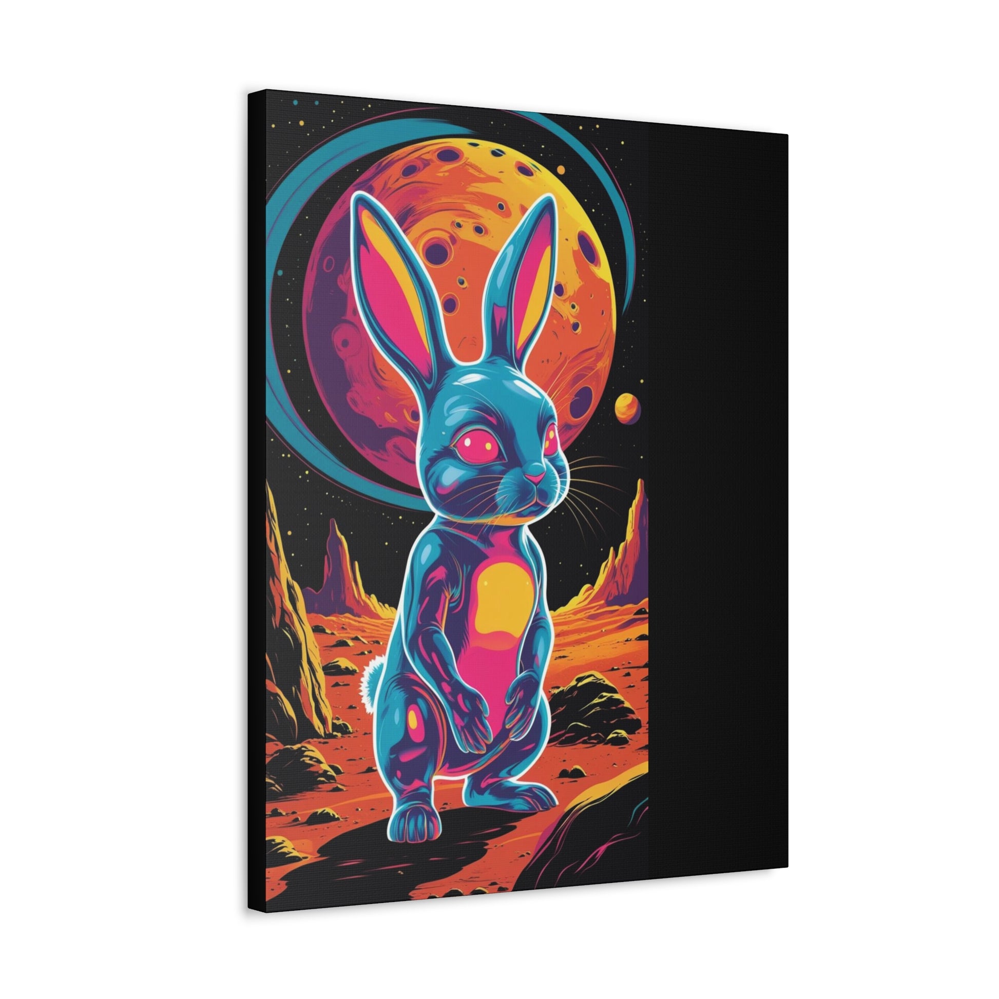 Cosmic Bunny Stretched Canvas Art, Colorful Wall Decor, Cute Animal Print, Unique Gift for Kids, Fun Space Theme, Home Decoration