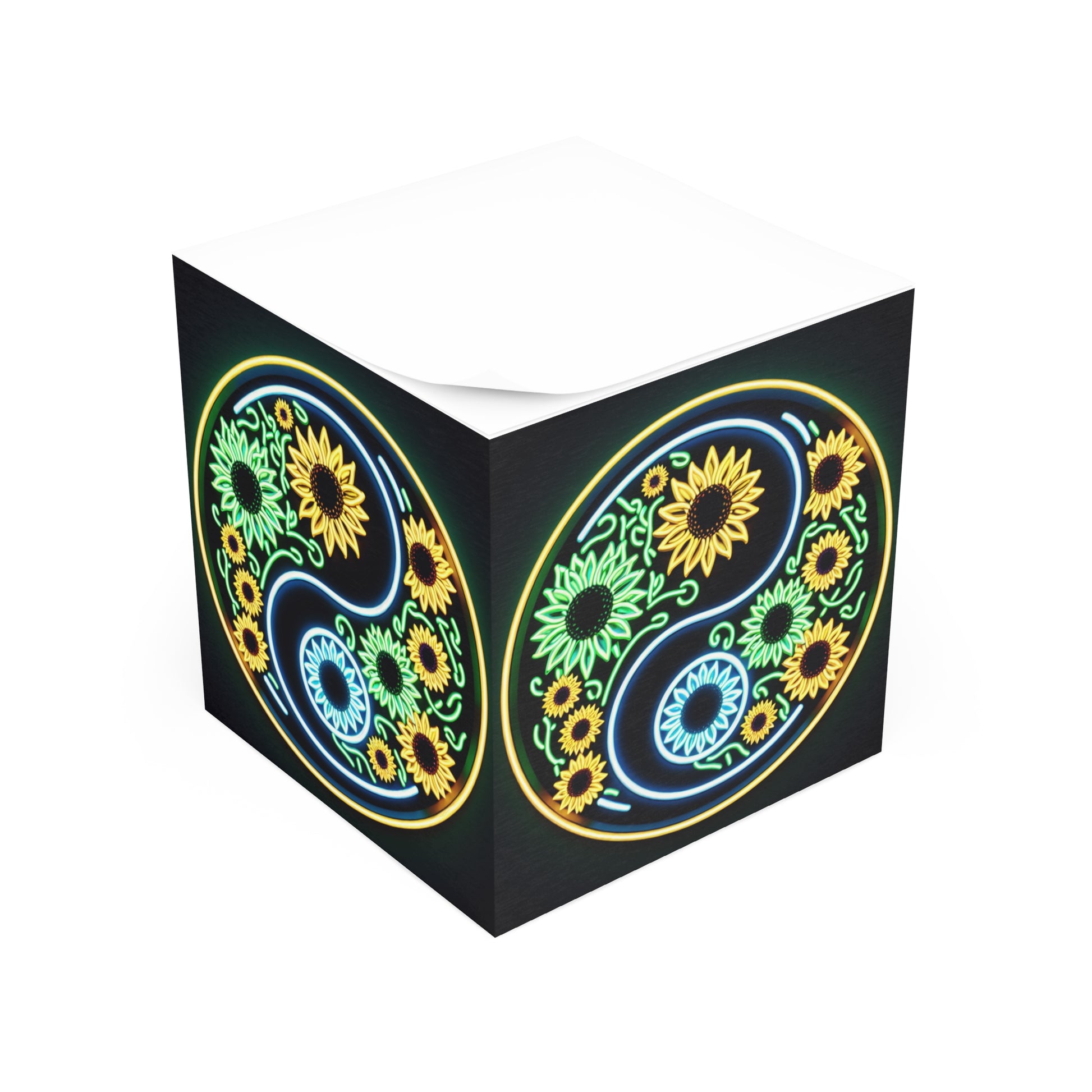 Yin Yang Sunflower Note Cube, Floral Desk Decor, Eco-Friendly Stationery, Gift for Writers, Office Supplies, Meditation Aid