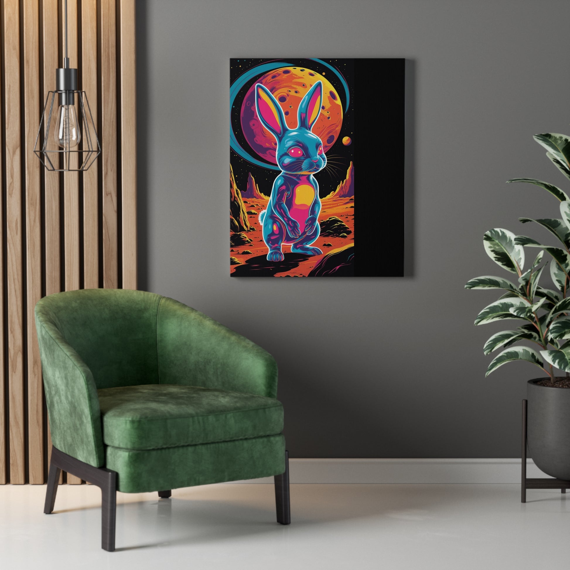 Cosmic Bunny Stretched Canvas Art, Colorful Wall Decor, Cute Animal Print, Unique Gift for Kids, Fun Space Theme, Home Decoration