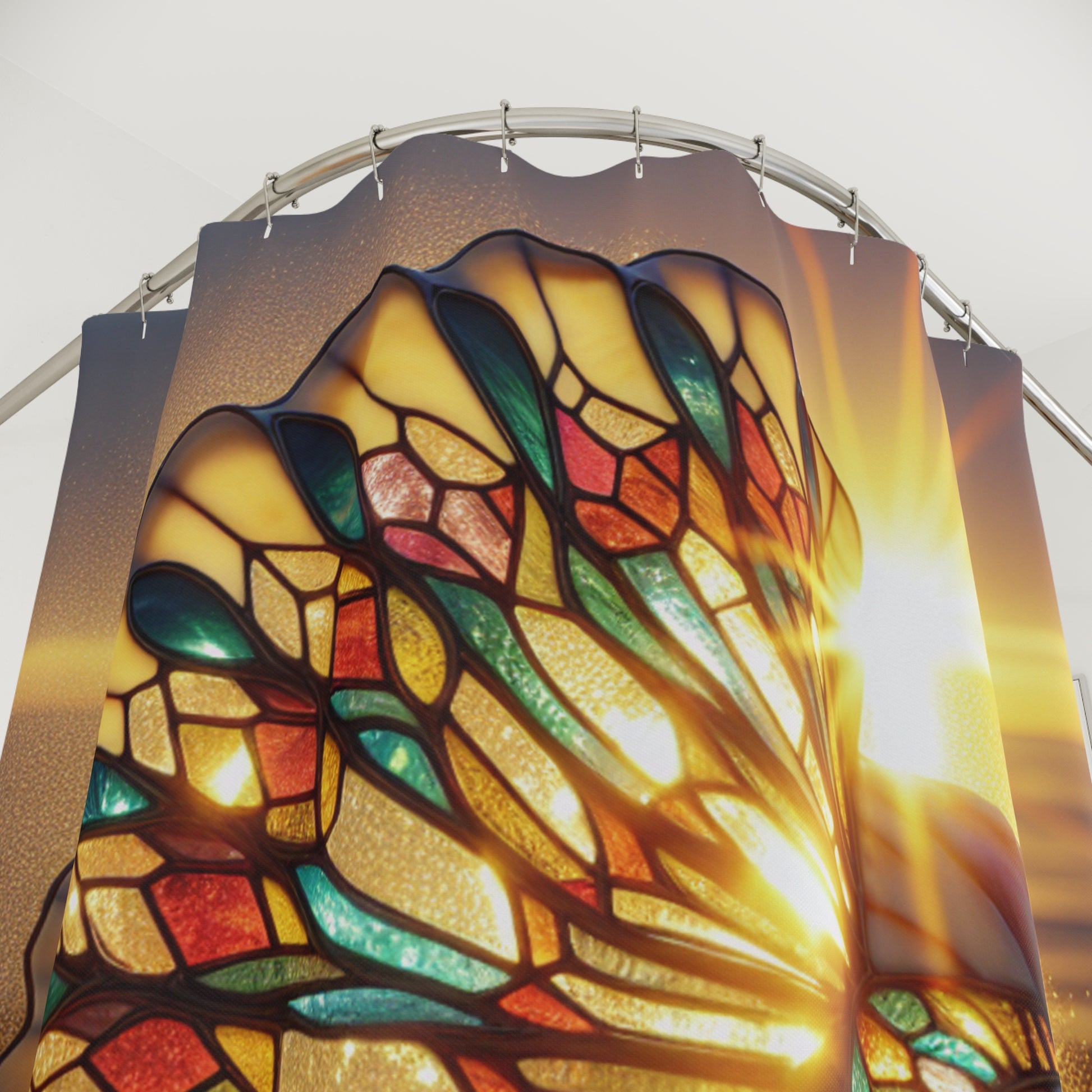 Stained Glass Shell Shower Curtain with Sunset Glow, Coastal Bathroom Decor, Nautical Theme, Home Spa, Beach House Accent