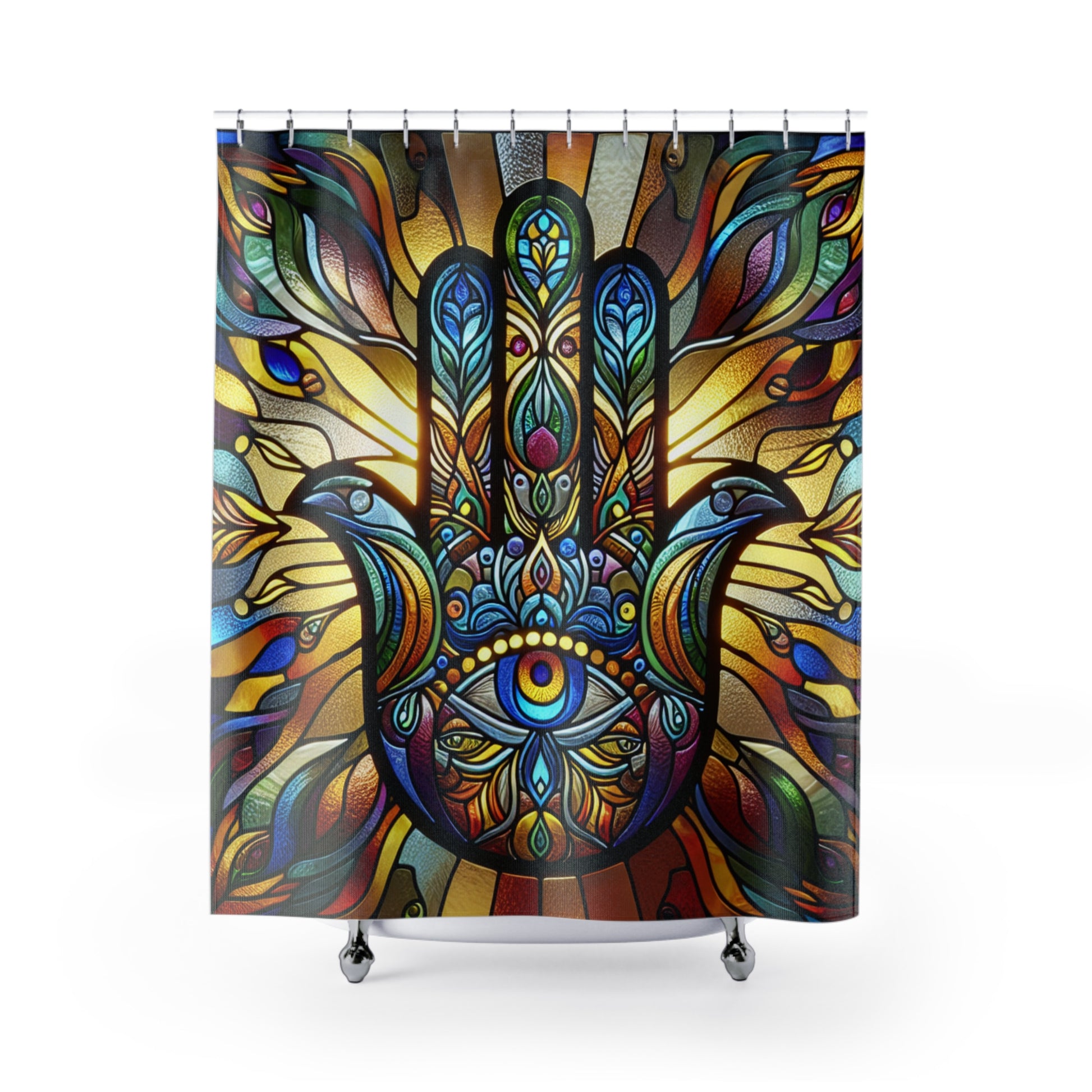 Vibrant Stained Glass Shower Curtain, Bohemian Home Decor, Eye-Catching Bathroom Accent, Unique Gift, Hamsa Design