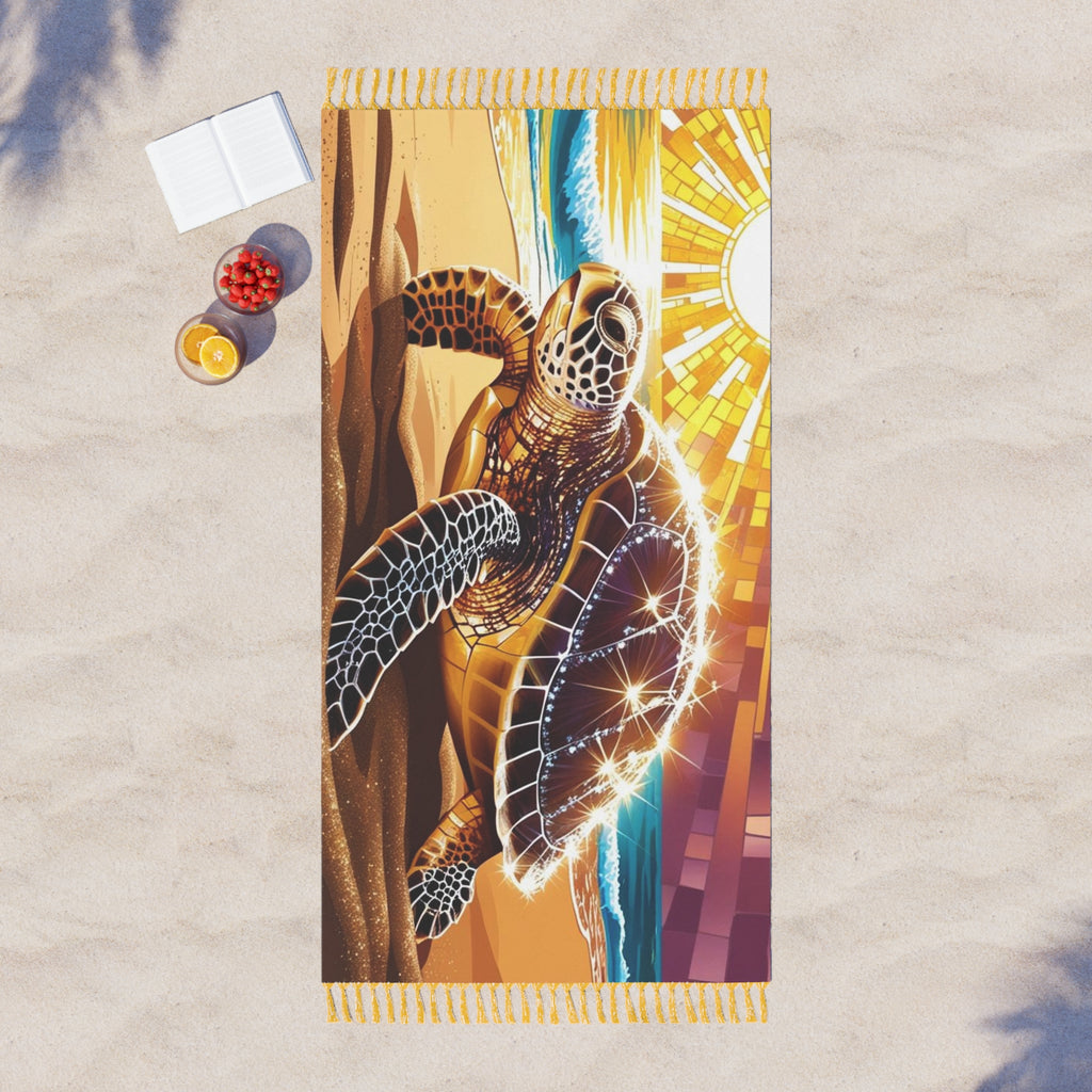 Boho Beach Towel with Turtle Design, Vibrant Summer Beach Blanket, Eco-Friendly Beach Accessory, Bohemian Home Decor, Gift for Ocean Lovers